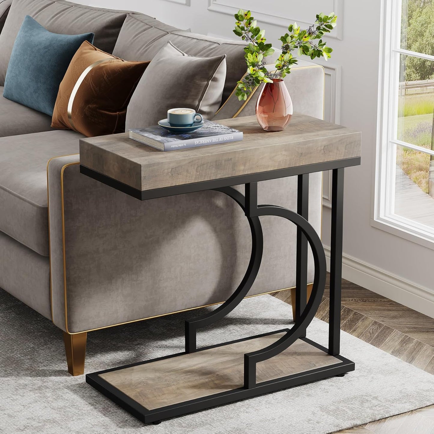 Tribesigns Narrow Side Table C Shaped End Table Modern Bedside Tables for Couch, Small Sofa Chairside Tables with Metal Frame for Living Room (2, Gray+Black)