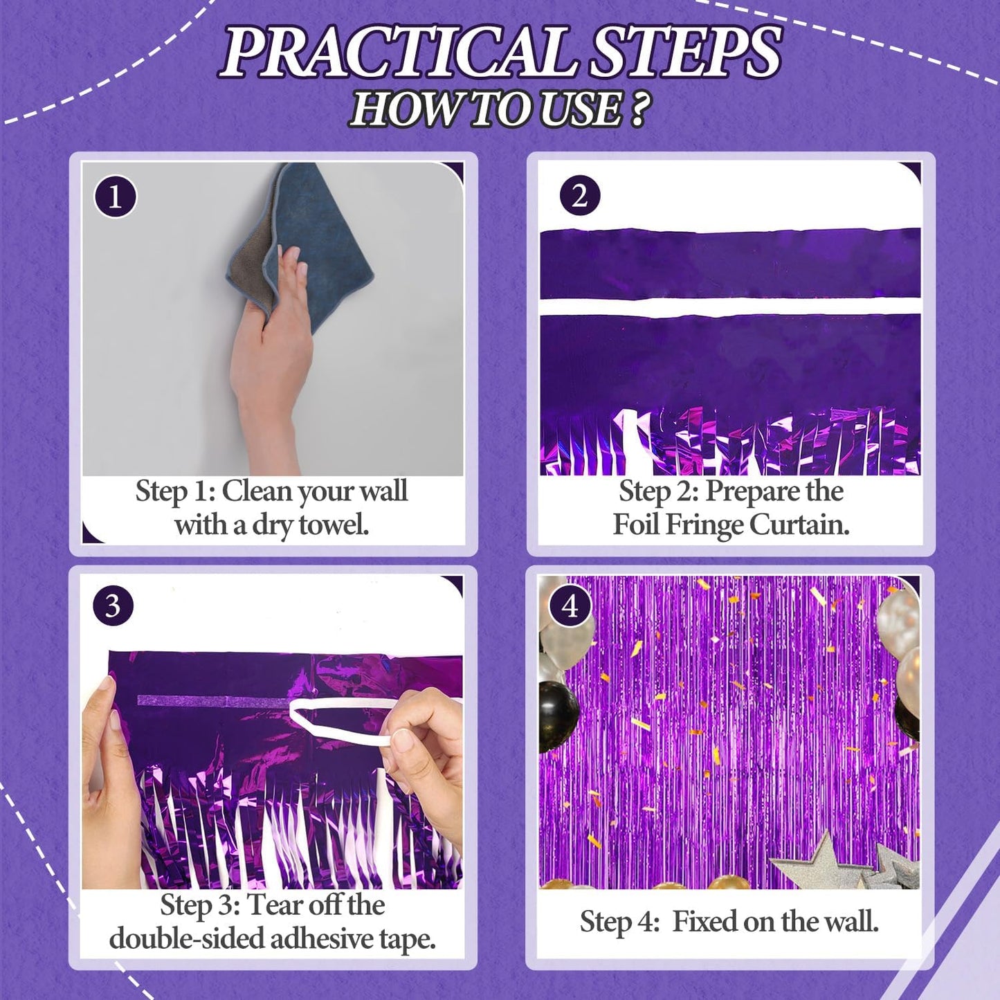 3 Pack Foil Fringe Backdrop - Purple Shiny Tinsel Curtains for Party Decoration/Photo Booth Props - 3.3x8.2 FT Metallic Foil Backdrop for Birthday, Wedding, Graduation, Christmas.