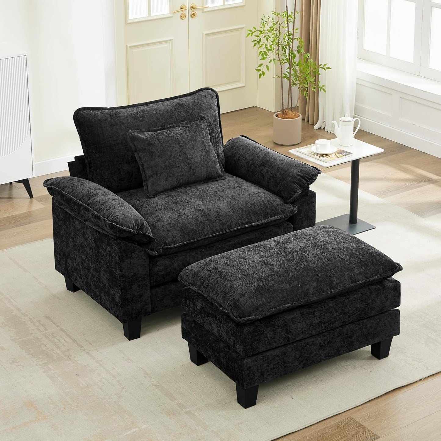 URRED Modular Sectional Sofa Comfy Cloud Couch, Modern Chenille Sofa Sleeper Deep Seat Couches with Ottoman/Pillows for Living Room (Black, 53''- Ottoman)