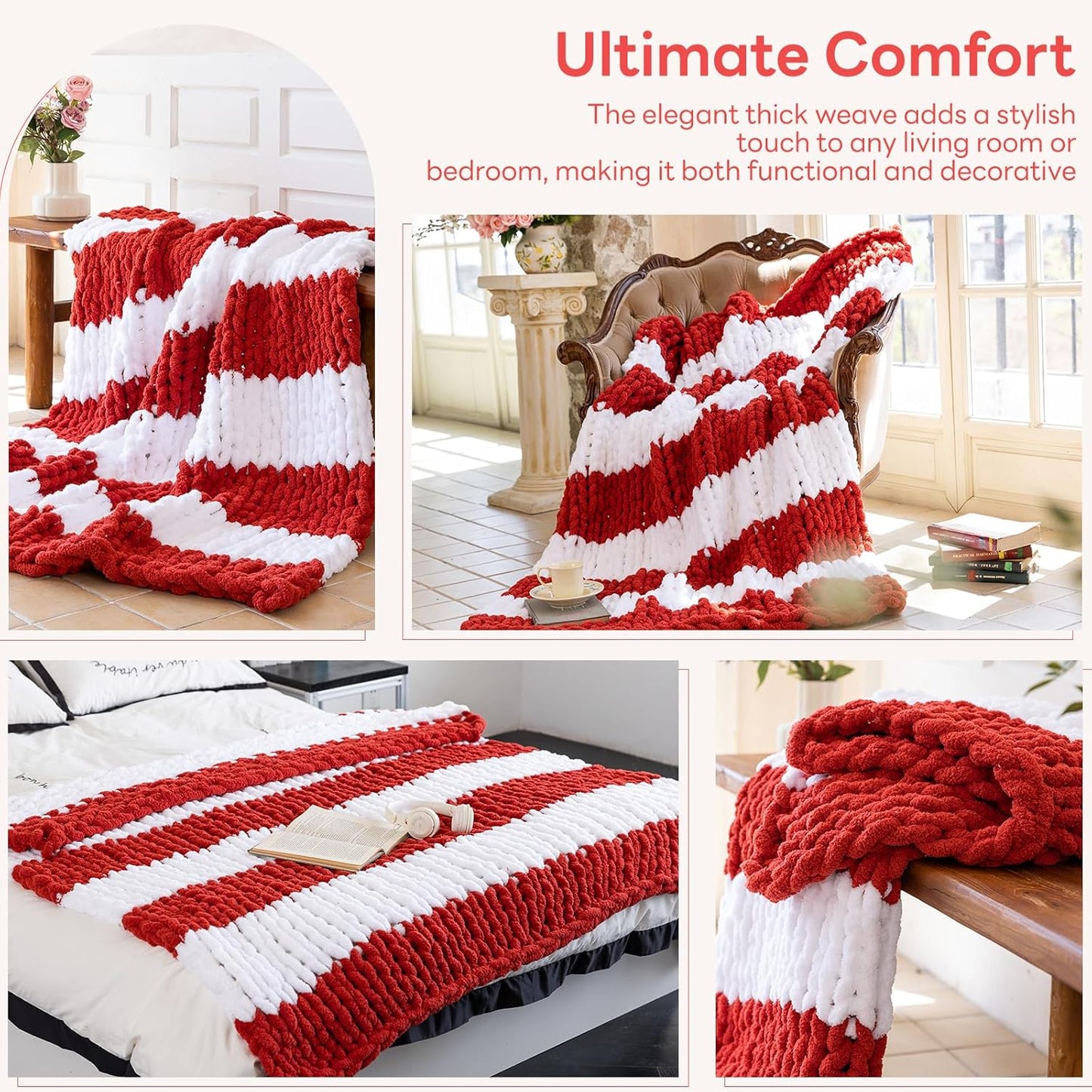 Chunky Knit Blanket - Luxury Soft Cozy 60 * 80 Throw Blanket,100% Woven Blanket Rope Knot Throw Blanket for Couch, Sofa, Home Decor, Gift - Machine Washable（White/Wine red）