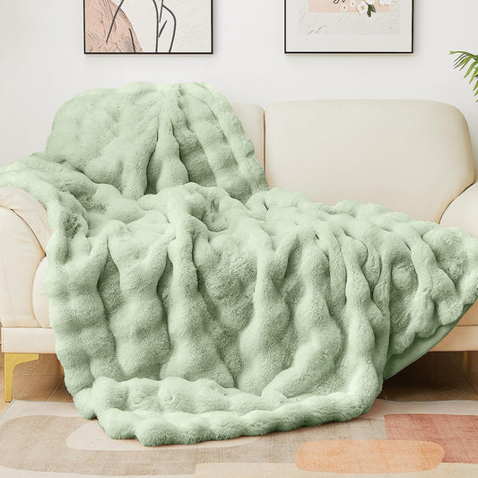 Latepis Faux Fur Throw Blankets Sage Green Bubble Cozy Soft Heavy Blanket for Couch Fuzzy Thick Blanket for Sofa Bedroom Plush Fluffy Warm Blankets for Winter Luxury Throw Blanket 50''x60'', 860gsm