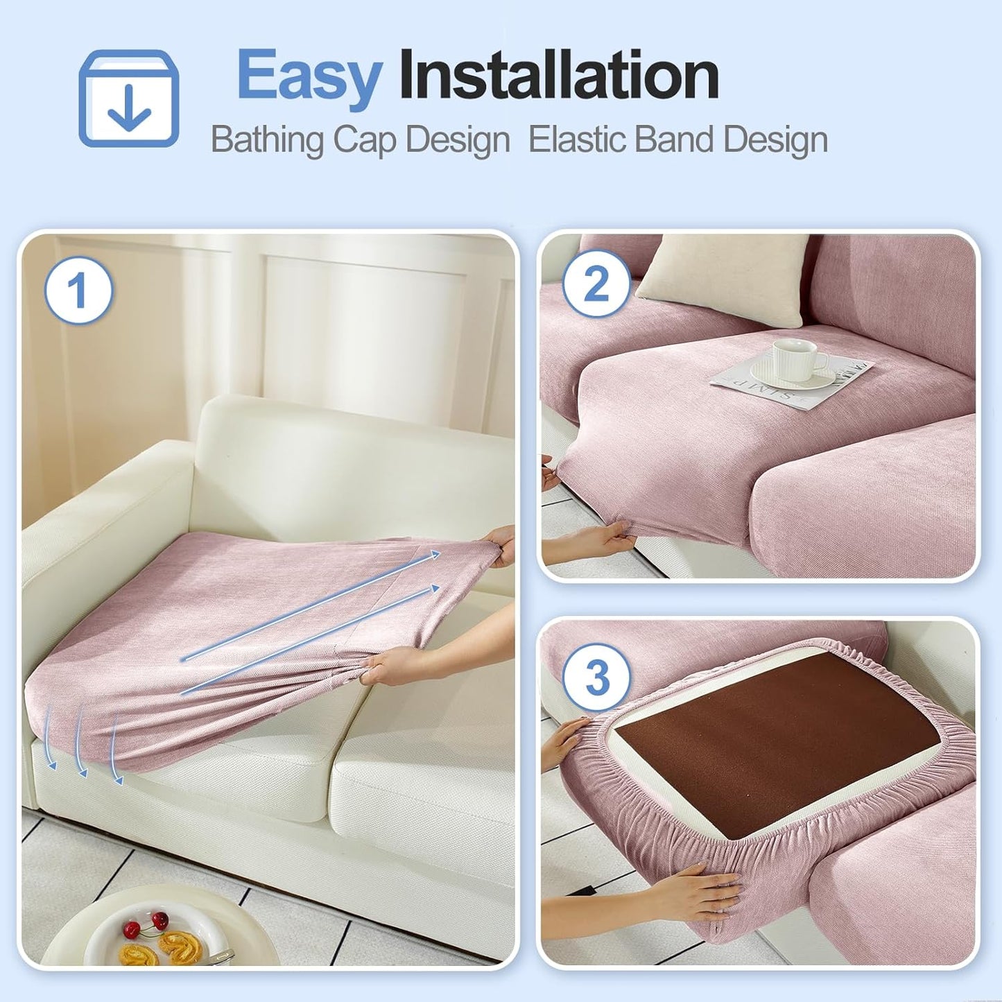 Couch Cushion Covers Individual Large Super Stretch Chenille (Softer Version) Sofa Cushion Covers, Couch Seat Covers Couch Slipcovers Furniture Protector (2PC, Pale Pink)