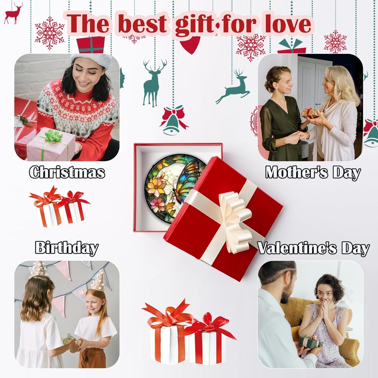 Stained Glass Window Hanging, Butterfly Flower Sun Catchers Diamond Glass Panel Hangings Insect Suncatcher Decor for Birthday for Women, Men, Wife, Aunt, and Mom 6.3 in