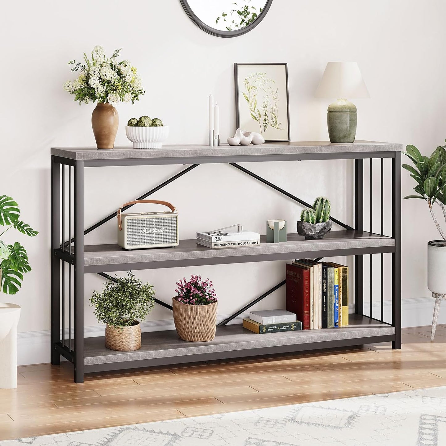 LVB Farmhouse Entryway Table, Metal Wood Console Table for Hallway, Industrial Rustic Sofa Table with 3-Tier Storage Shelf, Modern Entry Table for Foyer Front Home Living Room, Light Grey Oak, 47 inch