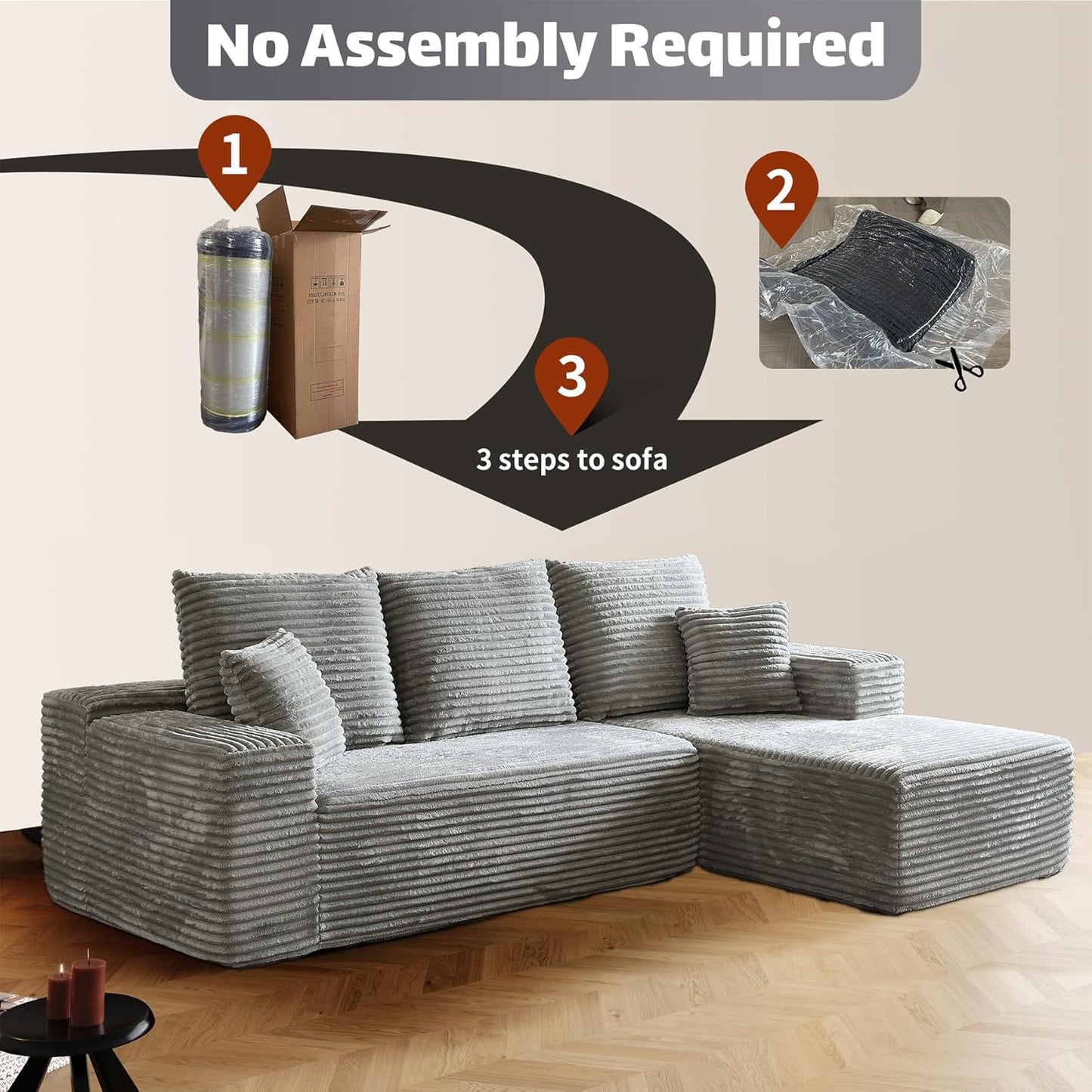 HYJT-H&K Modular Sectional Sofa Cloud Secttional Couch, 107" Comfy L Shaped Couches for Living Room, Deep Seat Memory Foam Fluffy Plush Corduroy Boneless Couch Sectionals Right Facing Sofa Chaise Grey