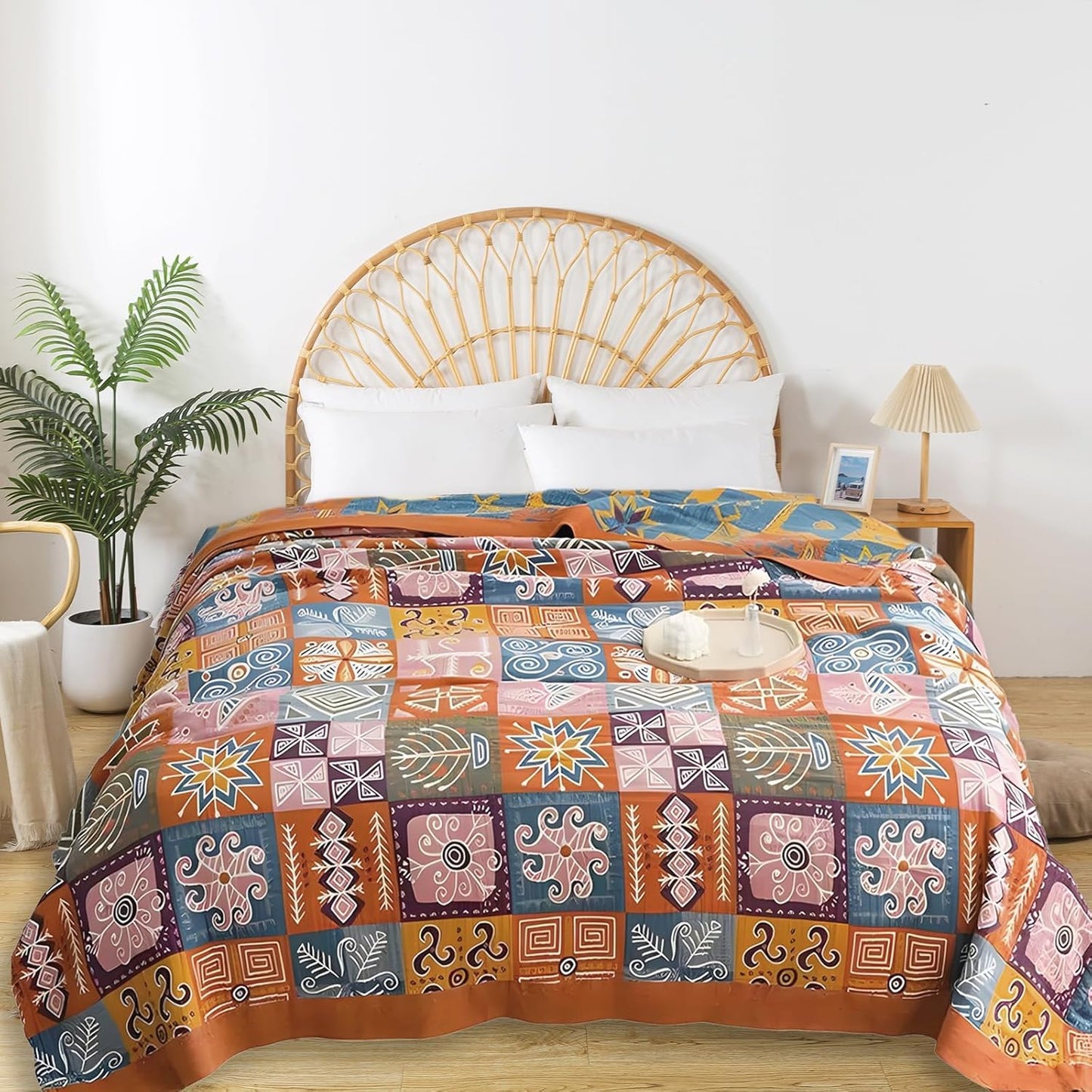 Boho Throw Blanket for Bed - 100% Pure Cotton Ultra Soft Rustic Quilt - Farmhouse Decor Bed Blankets, All Season Rustic Throw for Sofa Couch Chair(80''x 90'', Art Squares)