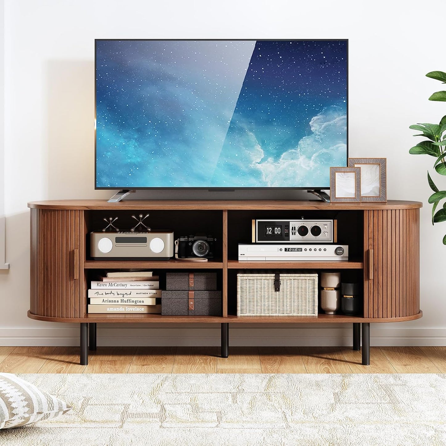 TV Stand with Power Outlet, Mid-Century Modern Television Stand, Media Console with Sliding Doors, Entertainment Center for TVs up to 60 Inch, Adjustable Shelves, Walnut