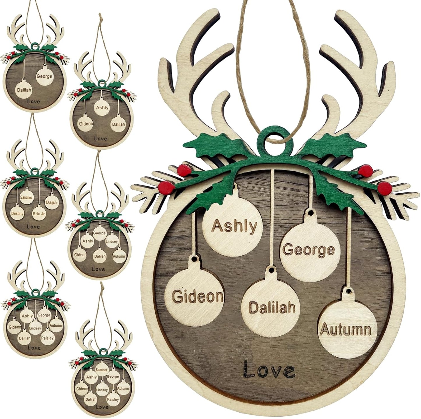 2025 Personalized Christmas Ornaments Family of 2/3/4/5/6/7/8,Custom Reindeer Christmas Wooden Ornaments Deorations with Names,Customized Xmas Ornament Tree Deorations,Personalized Xmas Gifts