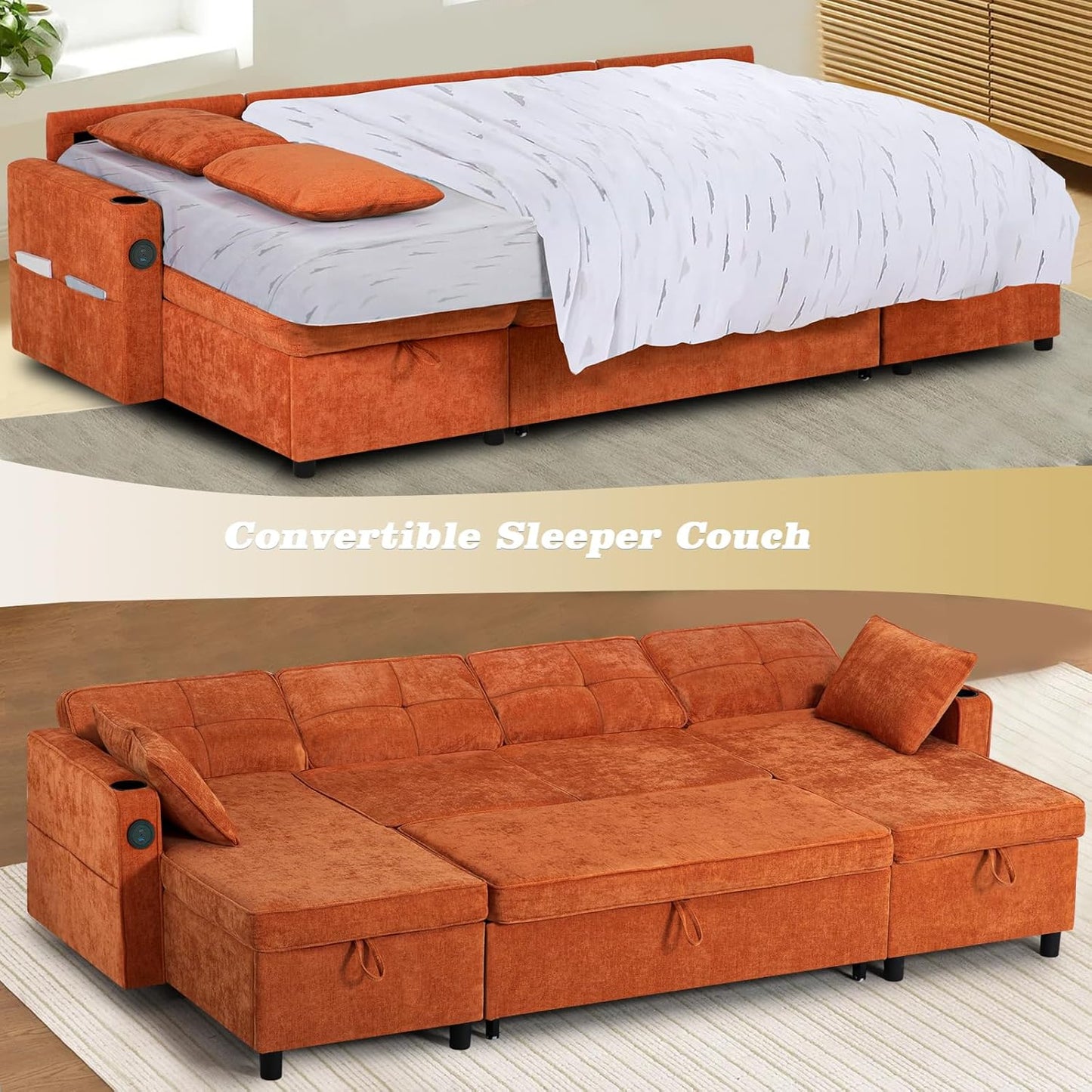 ACMEASE110“ Inches L-Shaped Pull Out Sofa Bed w/Storage Chaise & Adjustable Back, Chenille Sectional Sofa w/USB Port,Tufted Sleeper Couch w/Cup Holders for Living Room, Orange