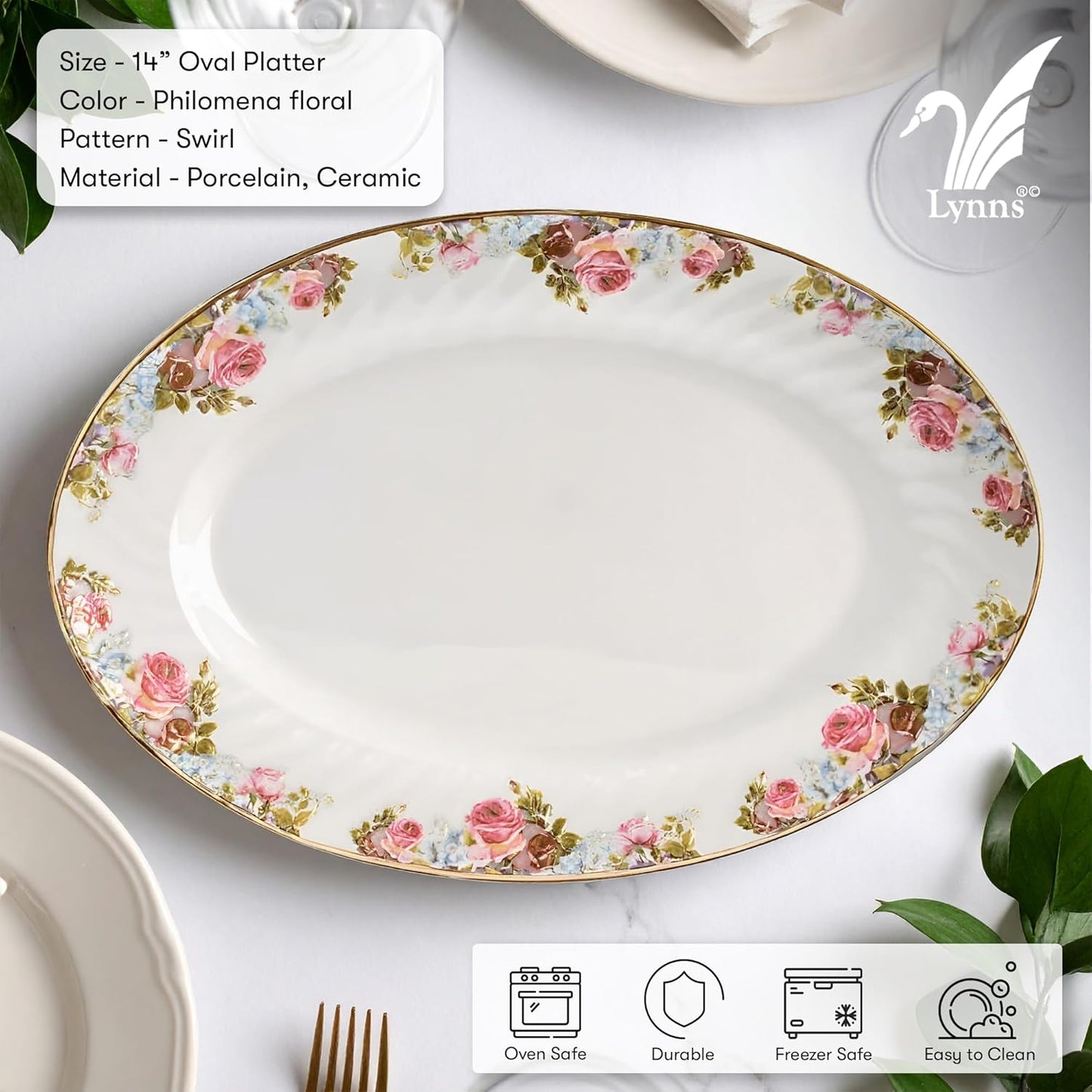 Lynns Paradise Philomena 14-Inch Oval Platter, Set of 2, Pink; Heavy Duty; Chip Resistant; Lead and Cadmium Free; Freezer to Oven Safe up to 500°F