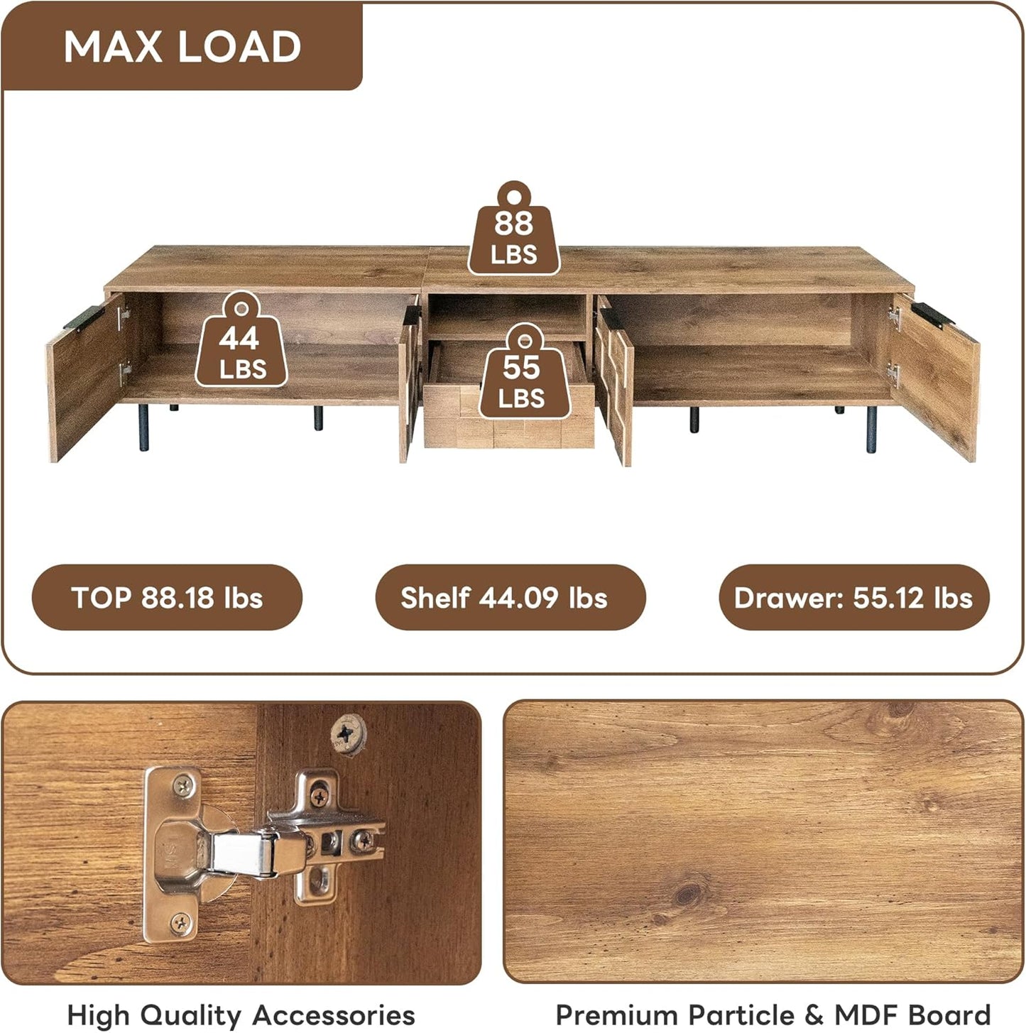 Modern TV Stand for TVs up to 85", Mid-Century Media Console with Checkered Cabinet Doors, Storage Drawers & Open Shelves, Wood Entertainment Center with Metal Legs