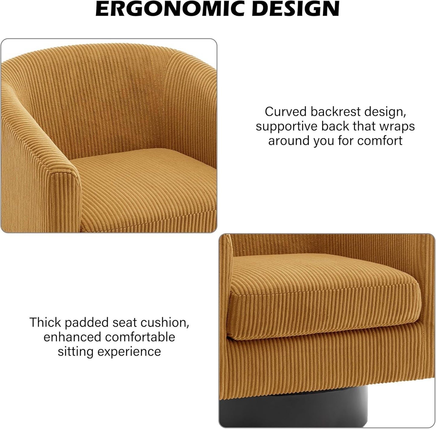 Swivel Barrel Accent Chair, Modern Round Corduroy Fabric Arm Chair for Living Room, Bedroom, Comfy Club Reading Chairs for Adults (Corduroy Orange, Set of 1)