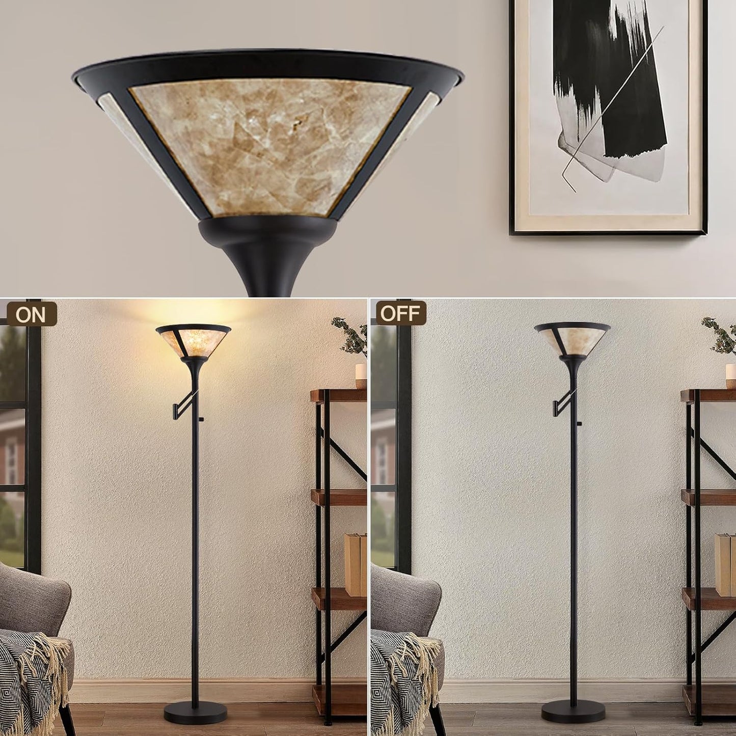 Floor Lamps for Living Room - 70" Black Torchiere Standing Floor Lamp with White Mica Shade - Tall Corner Lamp Decor for Bedroom with Adjustable Swing Arm LED Reading Light for Home Office