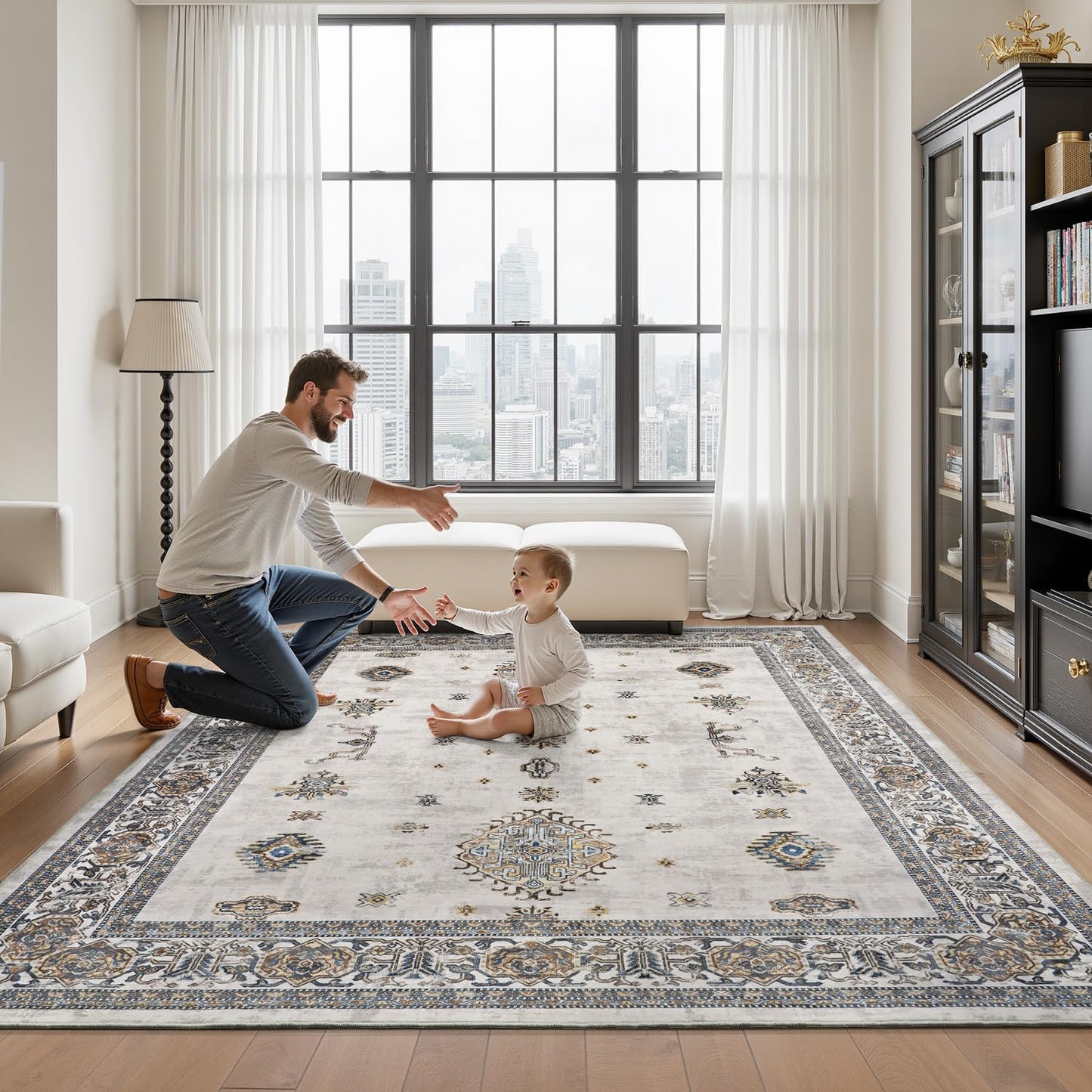 AMOAMI-Vintage Area Rug 5X7 Grey Rugs for Living Room-Soft Living Room Rug Non Slip Rugs for Bedroom Carpet Machine Washable Rug for Dining Room Bedside Office Room Decor