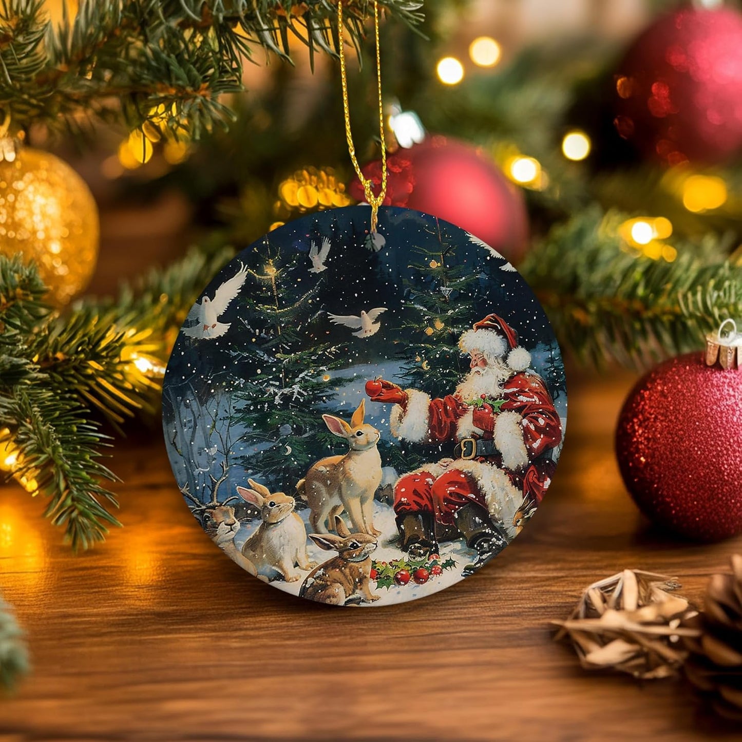 Vintage Christmas Santa Bunny Ceramic Ornament Gifts, Retro Rustic Winter Santa Bunny Decorative Hanging Ornaments for Xmas Tree Holiday Party Decoration, Winter Xmas Tree Decorations