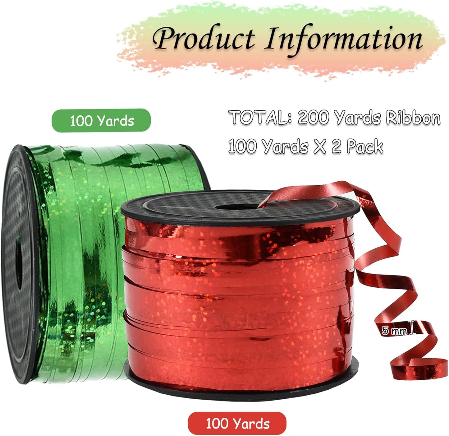 BEISHIDA 2 Pack Christmas Curling Ribbons Red and Green Balloon String Ribbons for Gift Warppping Birthday Christmas Party Decorations（Total 200 Yards）