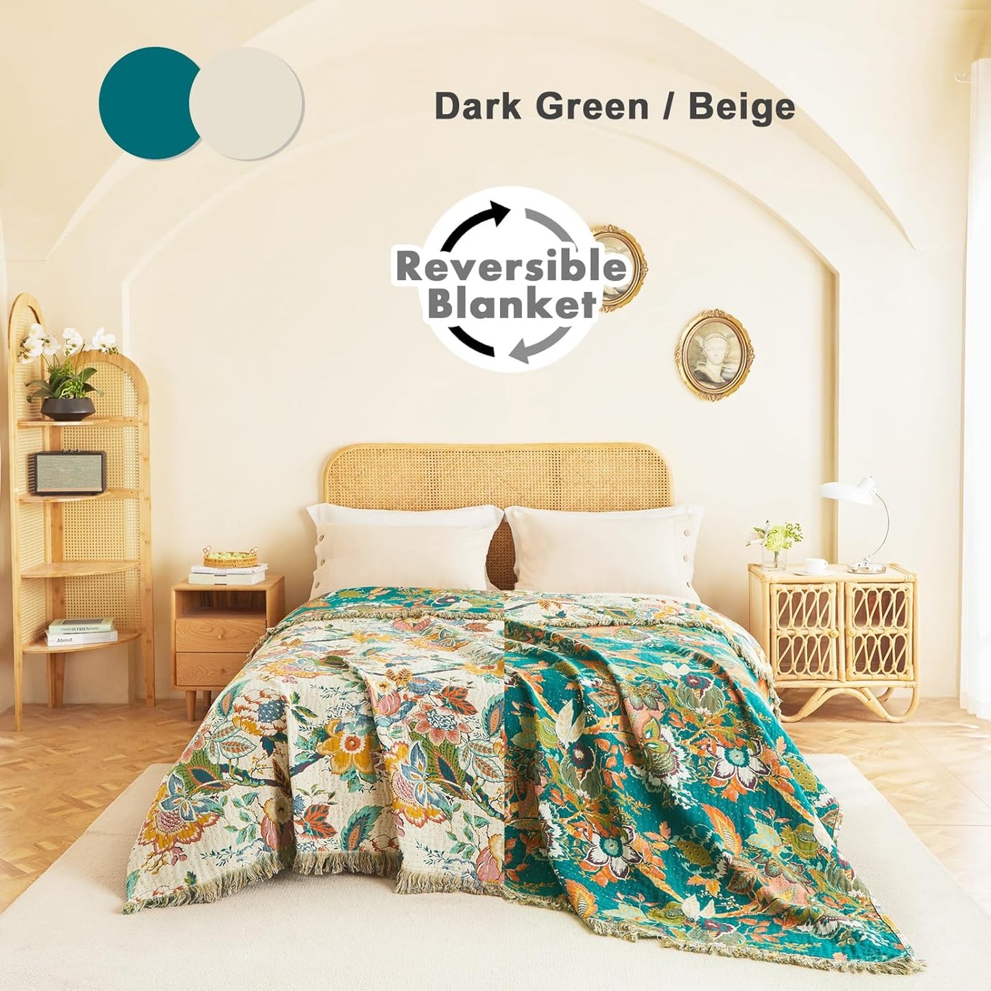 MSGKV Boho Throw Blanket for Couch Bed Chair 100% Cotton Muslin Breathable Vine Embroidery Blanket 50"x60" Sofa Blankets for All Seasons Lightweight Farmhouse Blankets Boho Home Decor