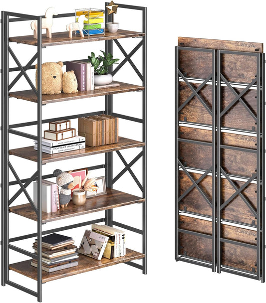 4NM 5 Tiers No Assembly Book Shelves, 51.2" H Folding Bookshelf Bookcase Open Industrial Foldable Shelves for Bedroom, Living Room, Home Office - Rustic Brown Black
