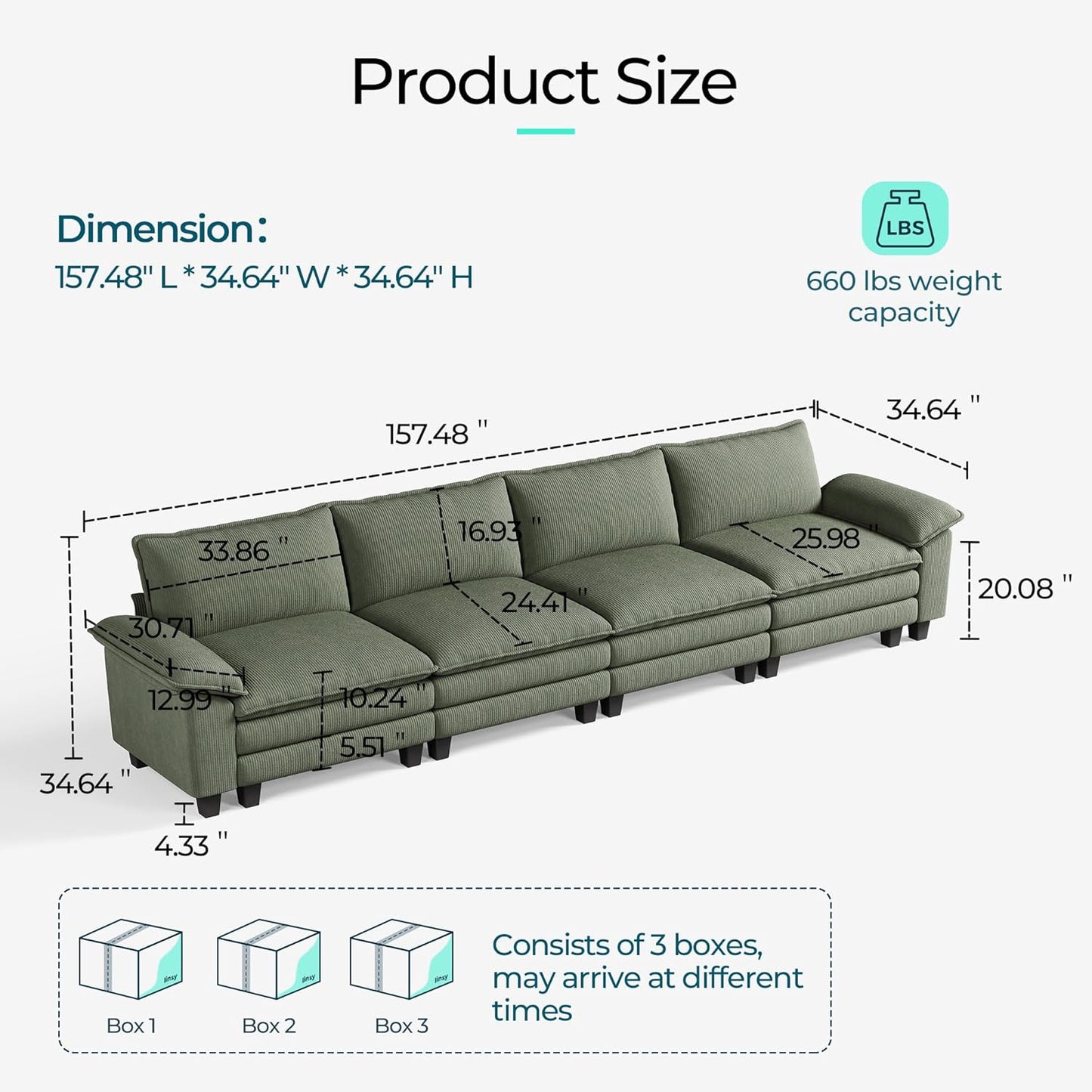 LINSY HOME Oversized Modular Sectional Sofa - 157'' Corduroy Cloud Couch Deep Seat Modular Sofas Soft Modern Comfy Couches for Living Room Apartment Office, Green