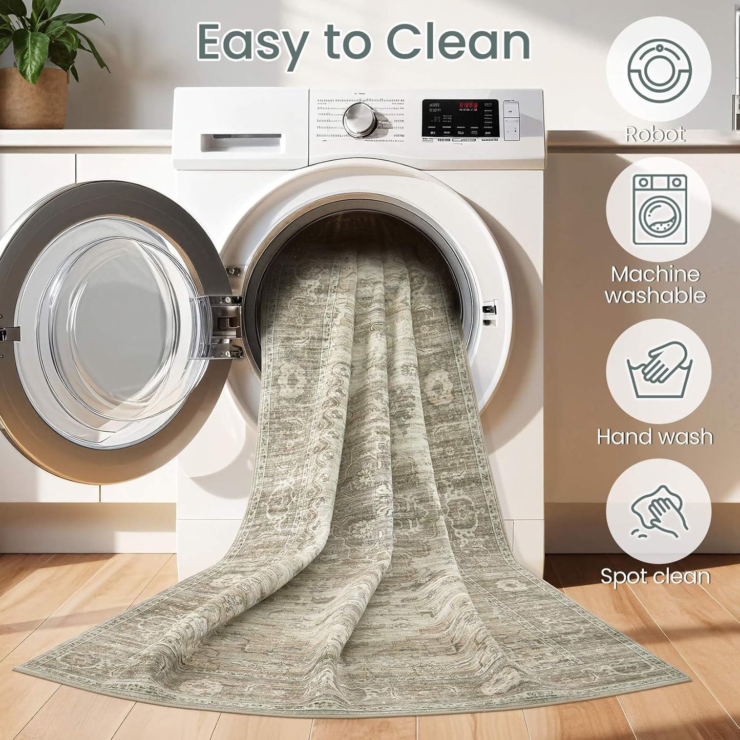 Washable Area Rugs for Living Room -10x14 Neutral Vintage Distressed Floral Farmhouse Boho Large Soft Floor Rug Indoor Non Slip Carpet for Living Room Bedroom Dining Room Office -Brown/Tan