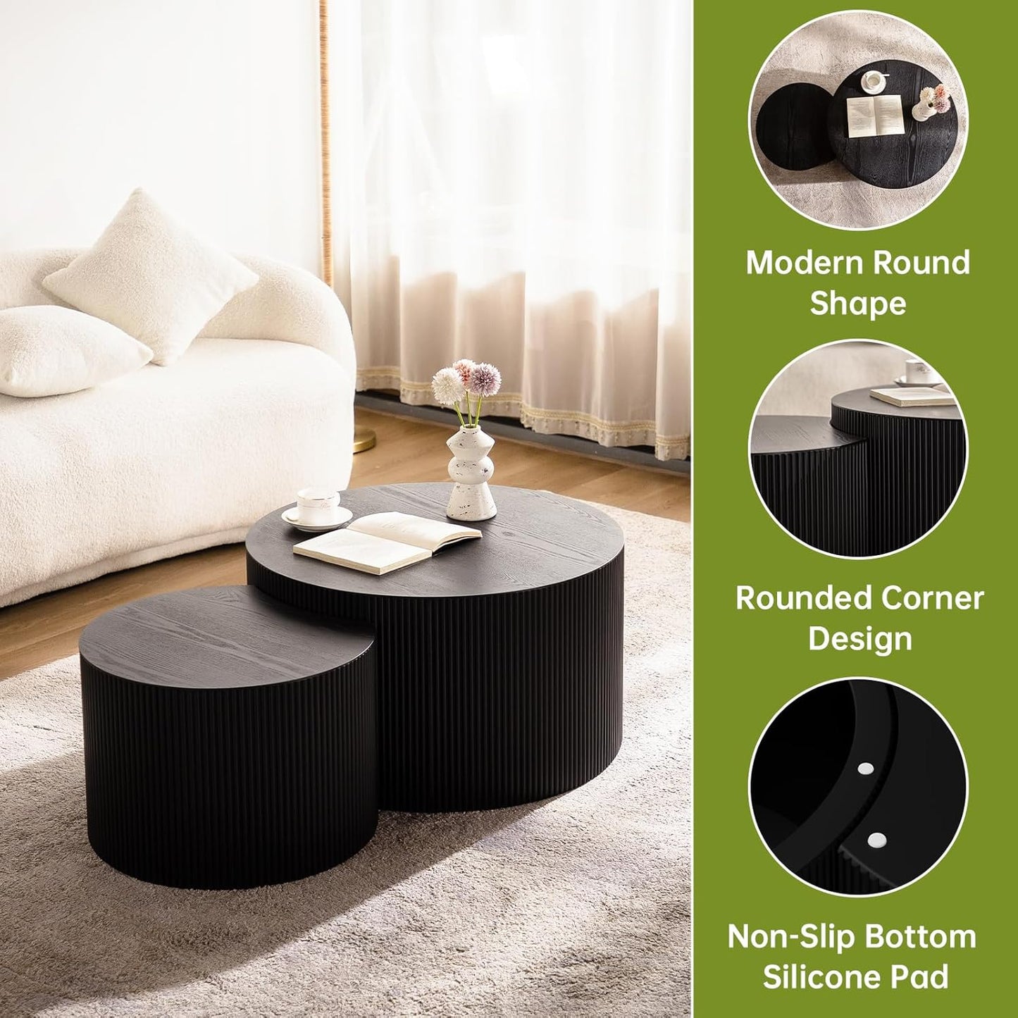 Round Nesting Coffee Table Modern Black Fluted Coffee Table Set of 2 for Living Room Circle Drum Coffee Tables Round Nesting Tables Crescent Side Accent End Table for Small Space (Black A 27in)