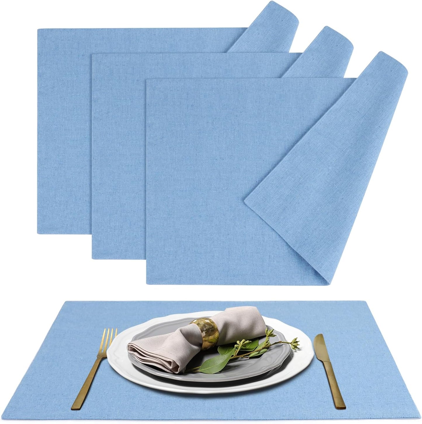 MANSPHIL Table Cloth Placemats Set of 4 Washable Cotton Thick Faux Linen Place Mats Heat Resistant Double Layer Table Mats for Dining Kitchen Indoor Use - 13x19 Inch Light Blue