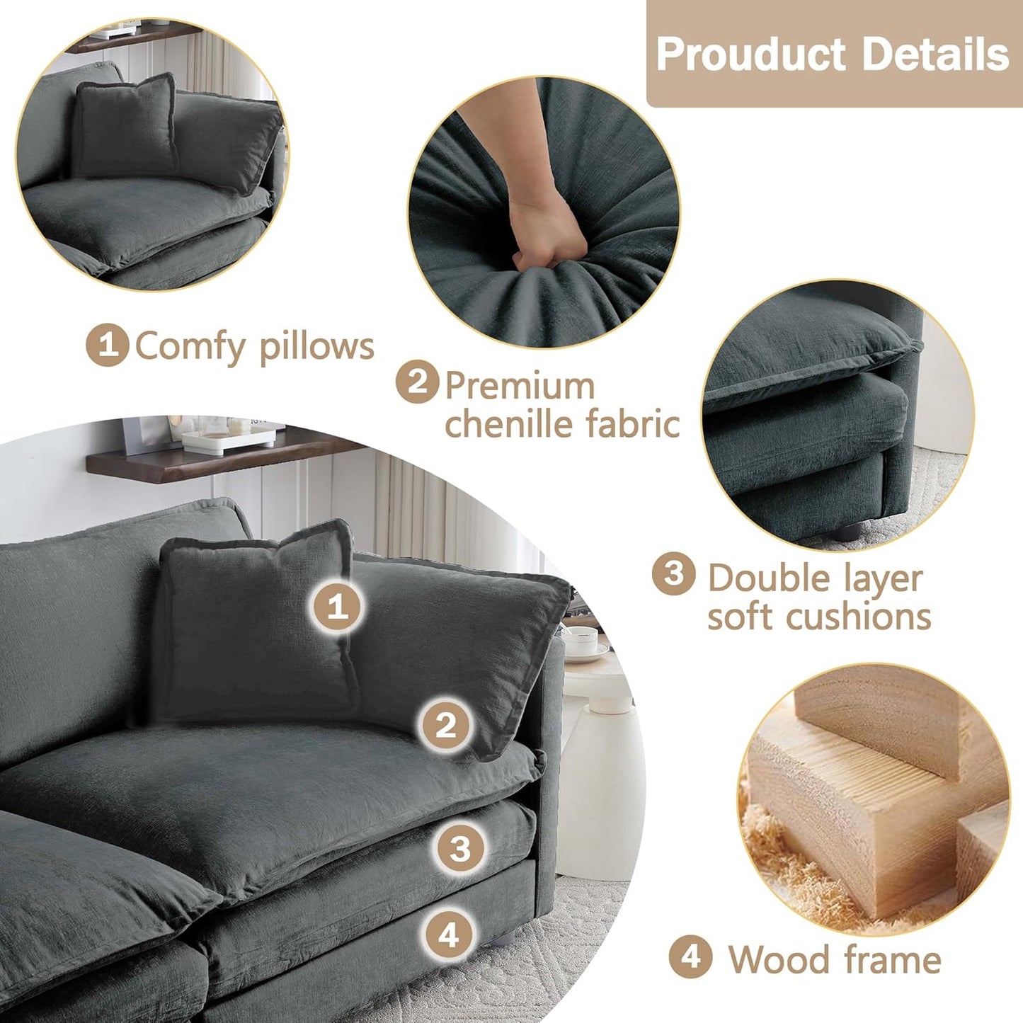 Sectional Sofa 3 Seater with Movable 1 Ottoman,Oversized Modular Couch Deep Seat (Grey, 111.5 inch-L)