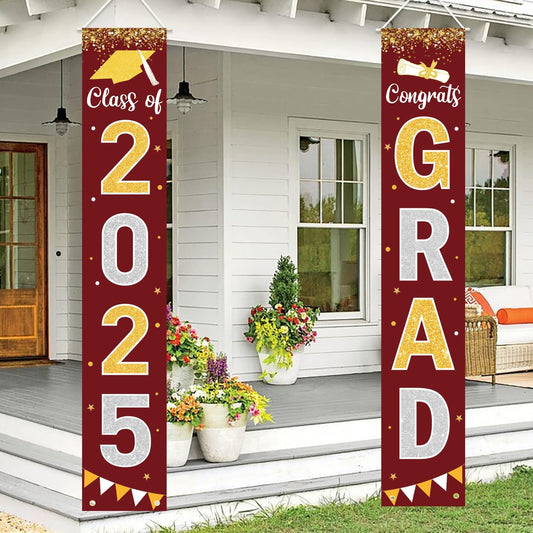 Graduation Decorations 2025 GRAD Banner Maroon Porch Door Sign Welcome Banner For Indoor Outdoor Wall Graduation Decorations Class of 2025