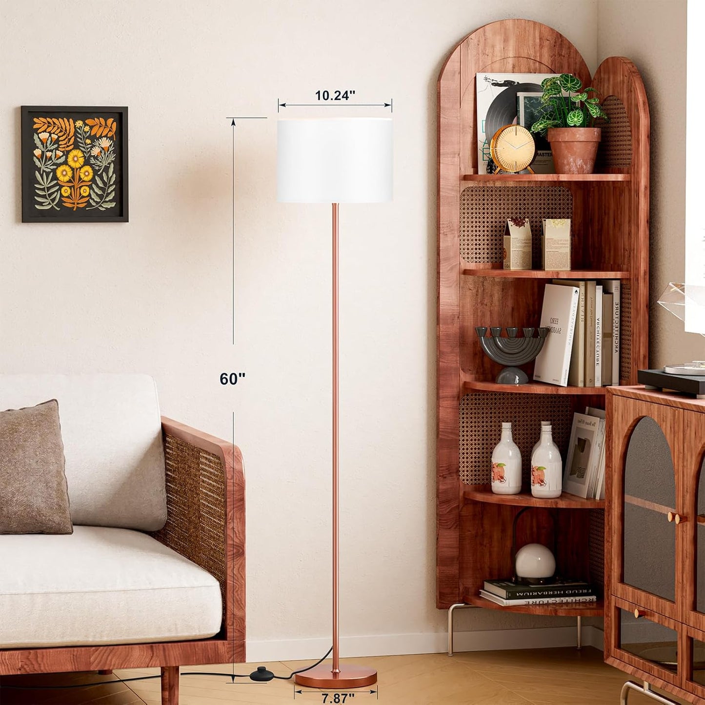 Ambimall 60'' Modern Floor Lamp with Shade, Tall Lamps for Living Room, Bedroom, Office, Dining Room, White Shade with Rose Gold Pole(Without Bulb)