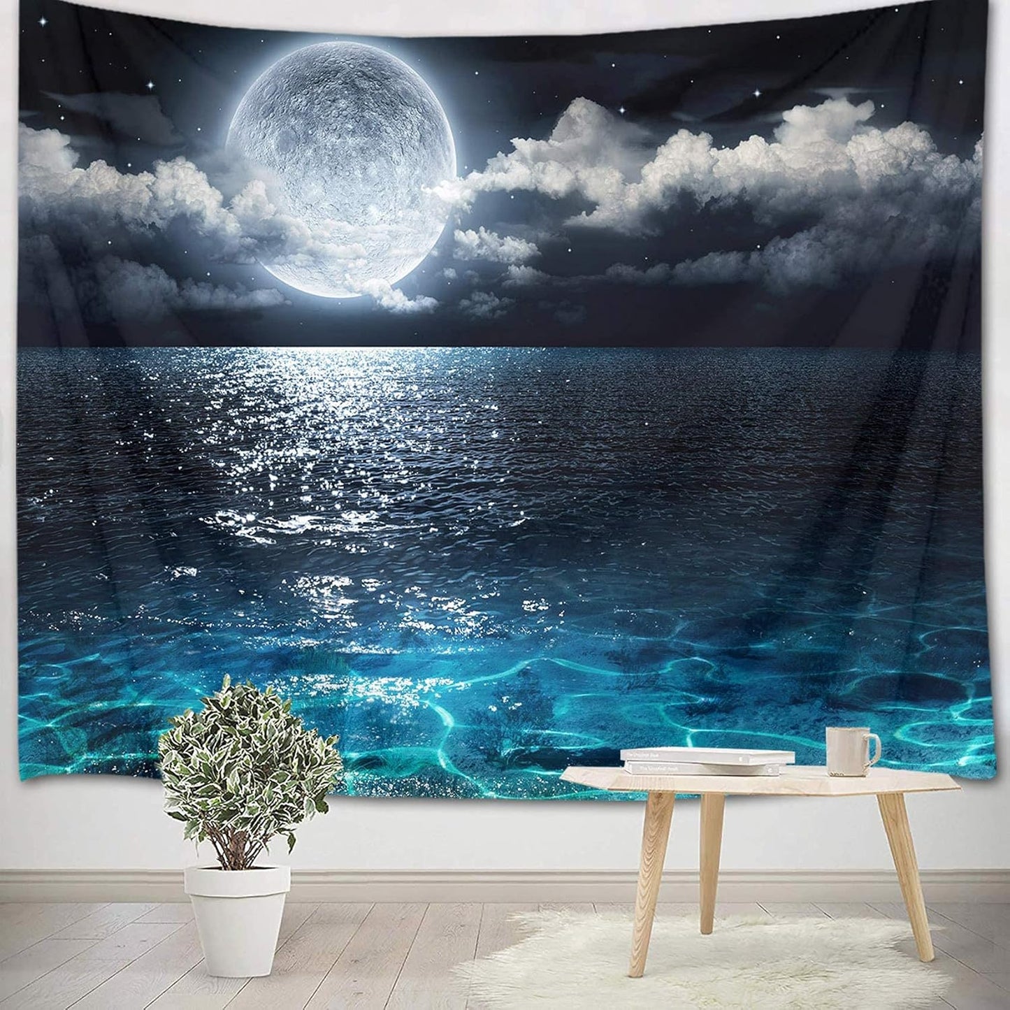LB Night Sky Ocean Tapestry Full Moon on Sea Tapestry Wall Hanging Fantasy White Cloud Watercolor Wall Art for Bedroom Living Room Dorm Wall Decor, 59Wx51H inches