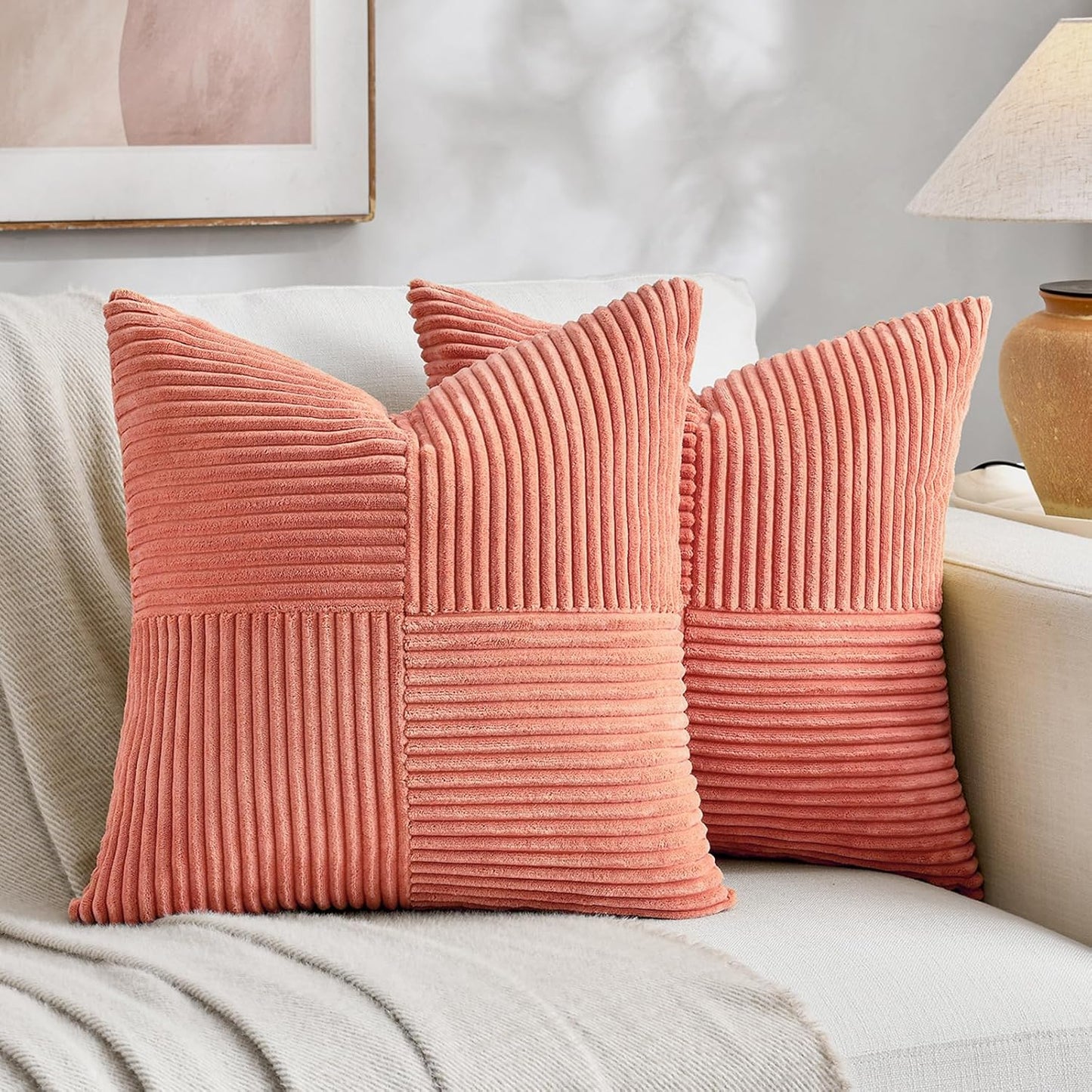 Fancy Homi 2 Packs Coral Big Decorative Throw Pillow Covers 24x24 Inch for Living Room Couch, Rustic Farmhouse Boho Home Decor, Soft Corss Corduroy Patchwork Accent Peach Square Cushion Case 60x60 cm