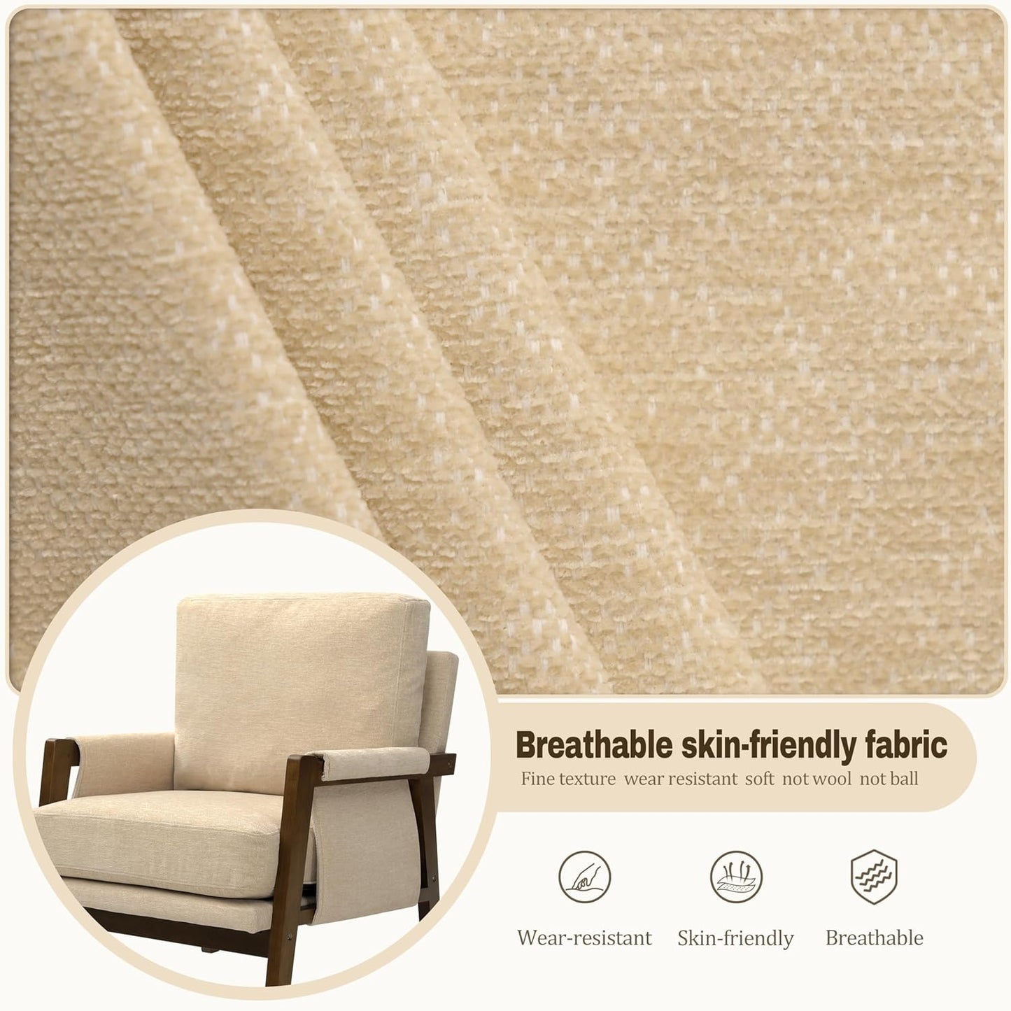 Modern Accent Chair for Living Room Mid Century Arm Chair Upholstered Bedroom Chair Comfy Lounge Chair with Solid Wood Frame, Beige