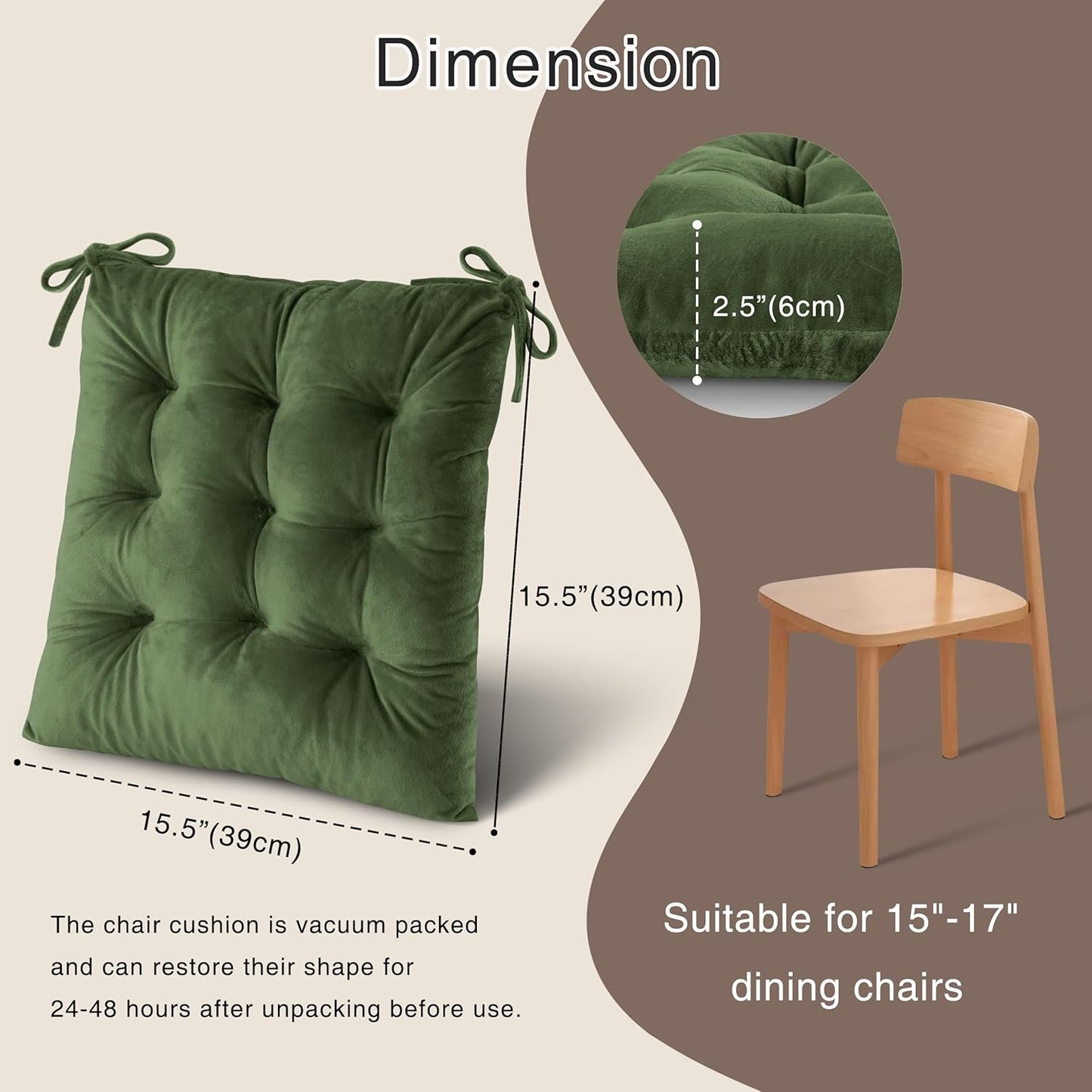OVOV Chair Cushions for Dining Chairs Set of 6 Tufted Indoor Chair Pads with Ties Soft Square Seat Cushions for Kitchen Chairs 15.5"x15.5",Green