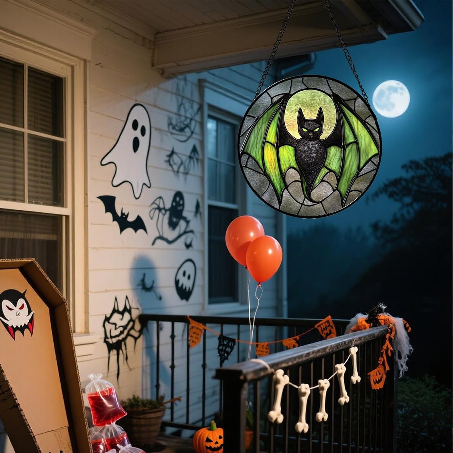 Stained Glass Window Hanging - Halloween Black Bat Green Wings Monster Suncatcher for Doors Garden Home Spooky Sun Catchers Gothic Decor Horror Gift for Women Men Friend Boy Girl 6.3 in