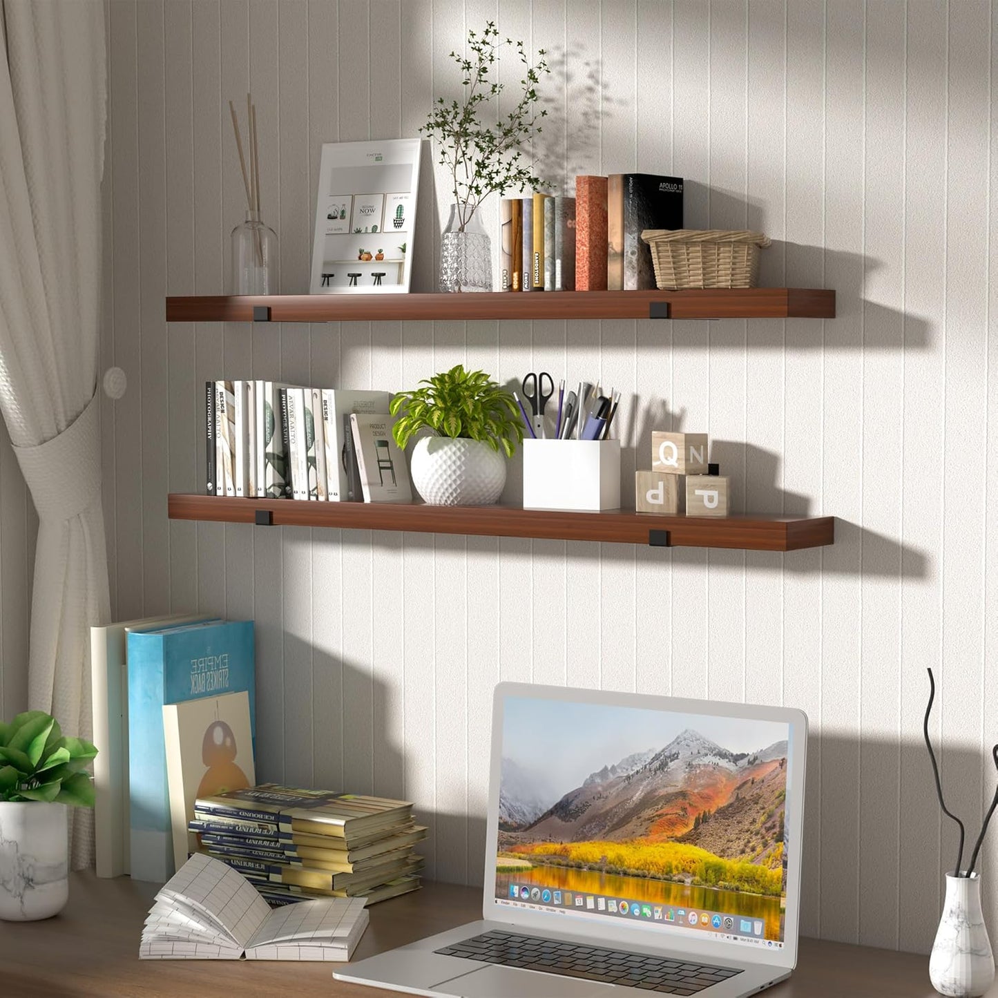 CONSDAN Floating Shelf for Wall Mounted Book Shelf Hanging Shelves Floating Bookshelf for Bedroom, Bathroom, Living Room, Kitchen USA Grown Solid Hardwood, Dark Maple 16x7.5x1.5 in