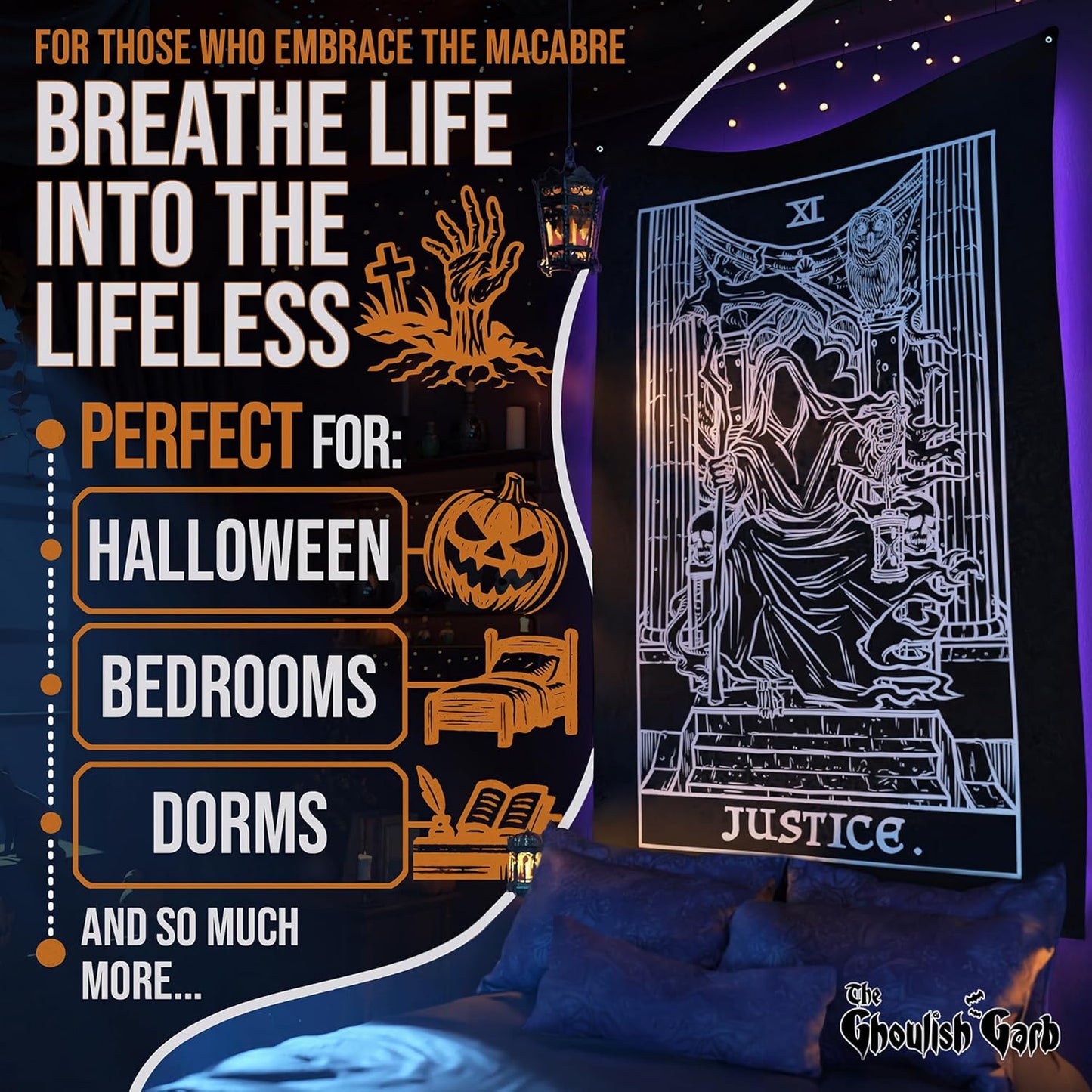 The Ghoulish Garb Justice Tarot Card Tapestry (Black & White) - Grim Reaper - Gothic Halloween Home Decor Wall Hanging (80" x 68")