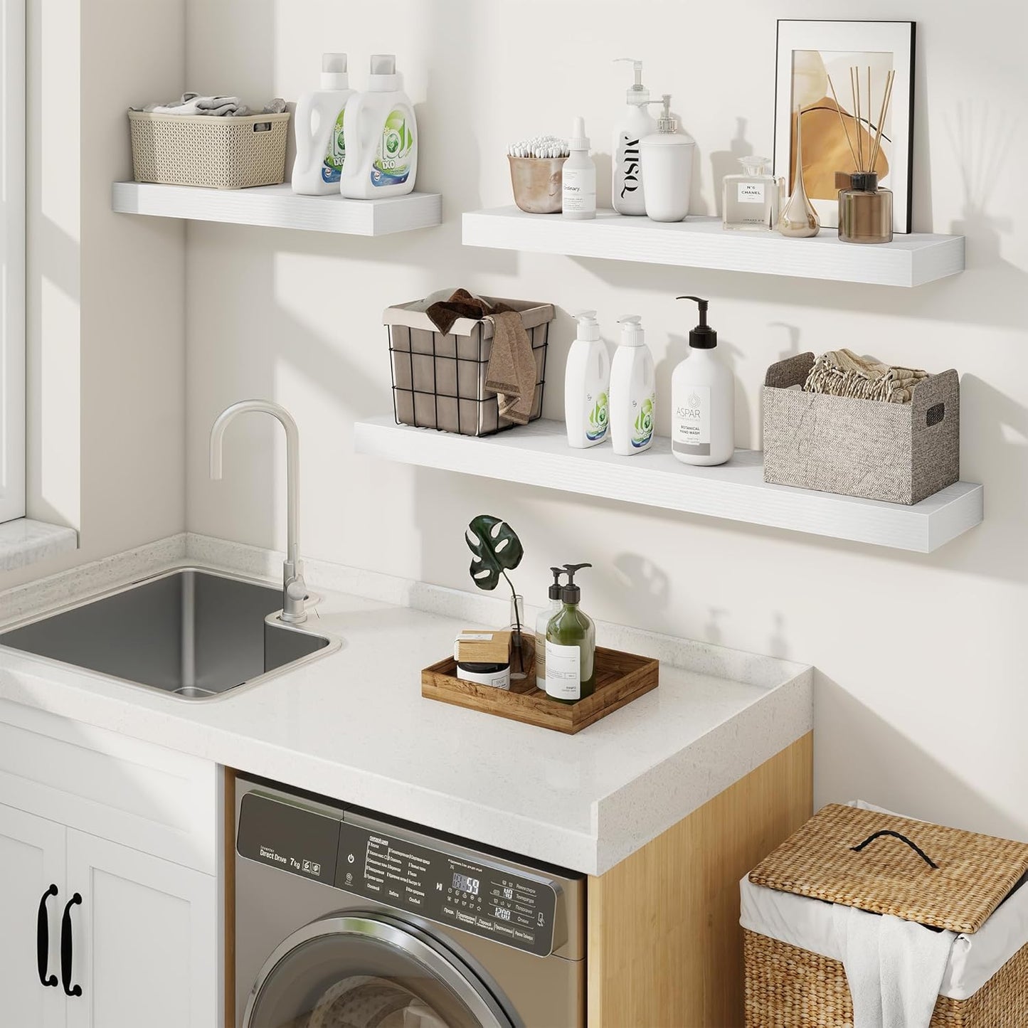 fuqing Floating Shelves for Wall, Bathroom Shelf Wall Mounted for Storage, Shelves with Invisible Bracket for Bedroom, Kitchen, Living Room, Farmhouse Small Book Shelf, 48 Inch Set of 2, White