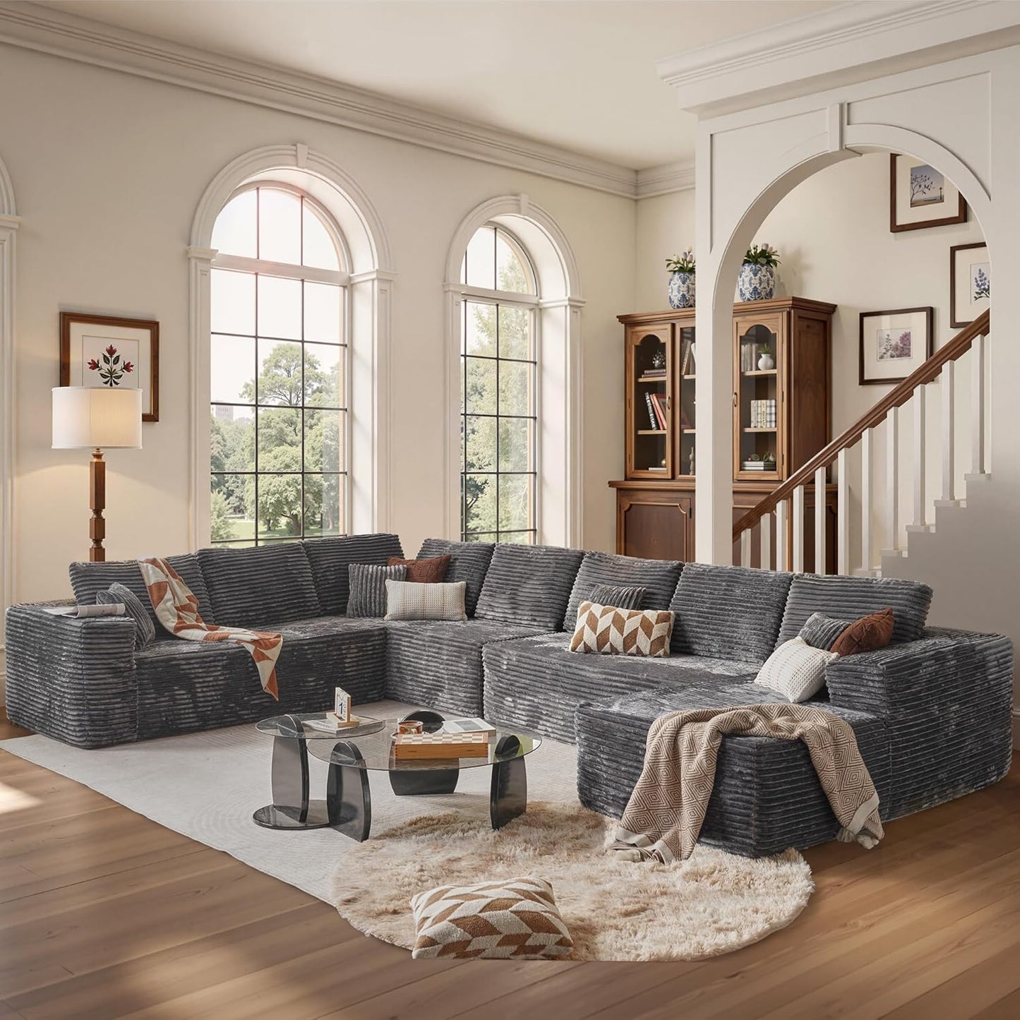 Cloud Sectional Couches for Living Room,U Shaped Modular Sofas No Assembly,165x107 Inches Plush Corduroy Oversized Floor Couch Set with Deep Seat Chaise,Grey