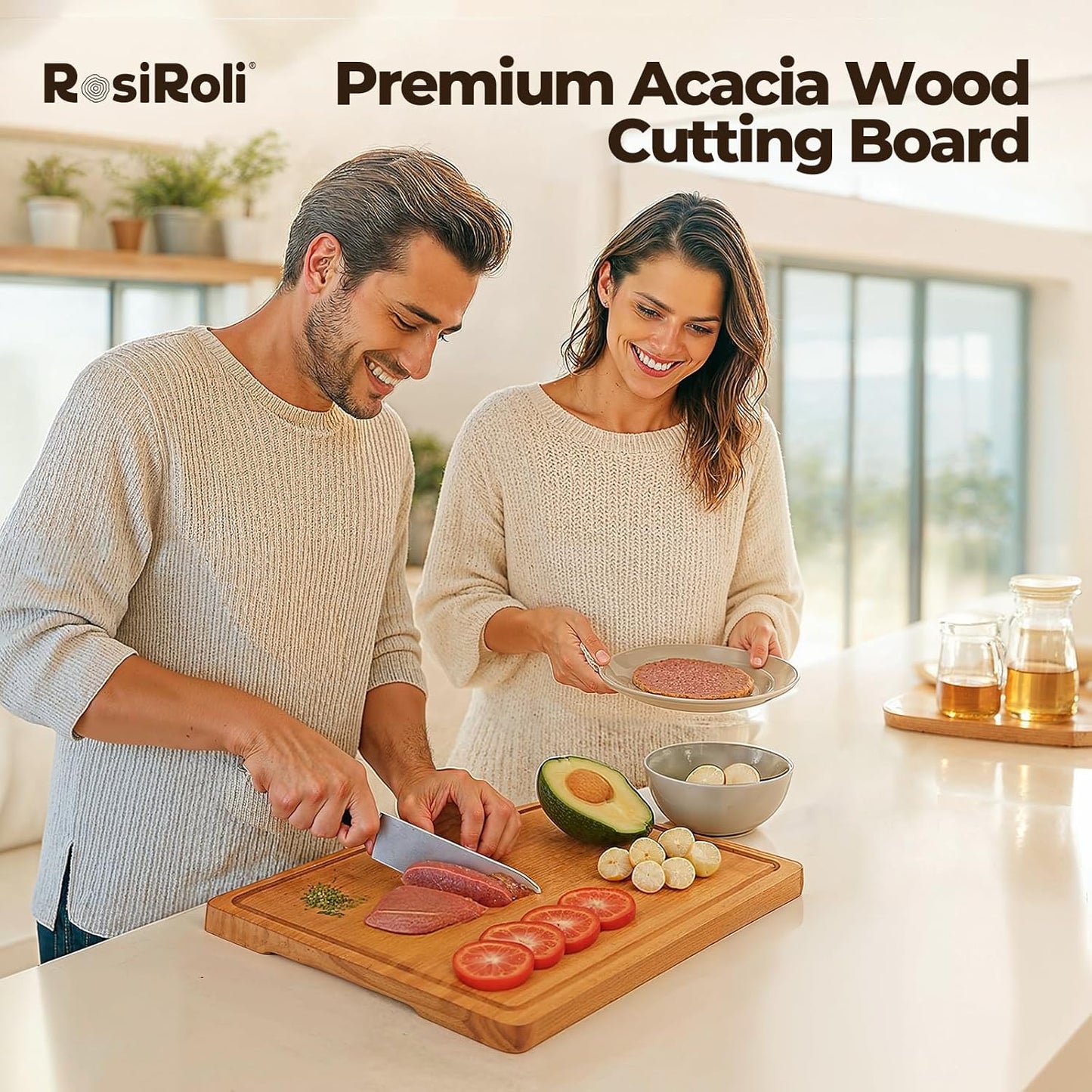 Acacia Wood Cutting Board for Kitchen - 1 inch Thick FSC Certified Wood Charcuterie Cheese Board with Side Handles and Juice Grooves, Wooden Chopping Block for Meat and Veggies, 17x12 inch