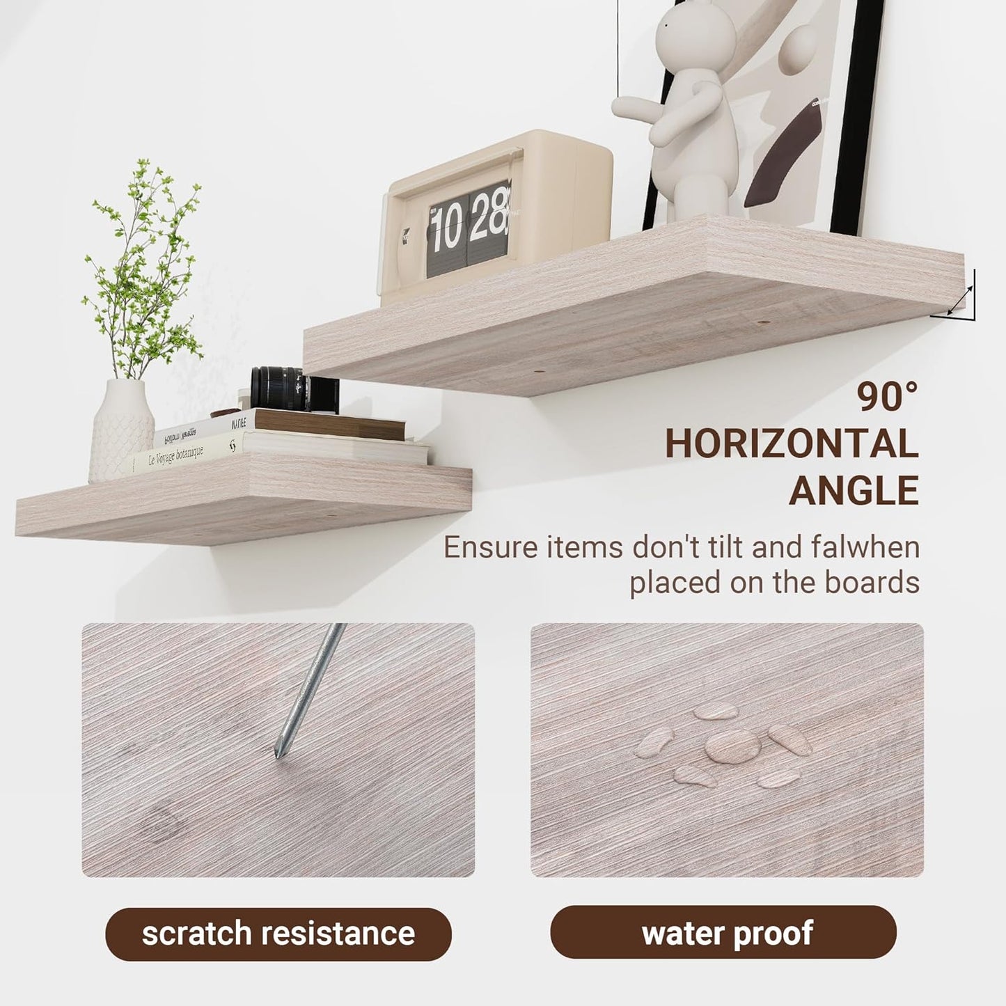 16 Inch Floating Shelves, 3D Textured Wood Grain, 16"x9.25"x1.5" Inch Deep Floating Shelves for Wall, Wooden Shelves for Bathroom, Bedroom, Living Room, Washed White