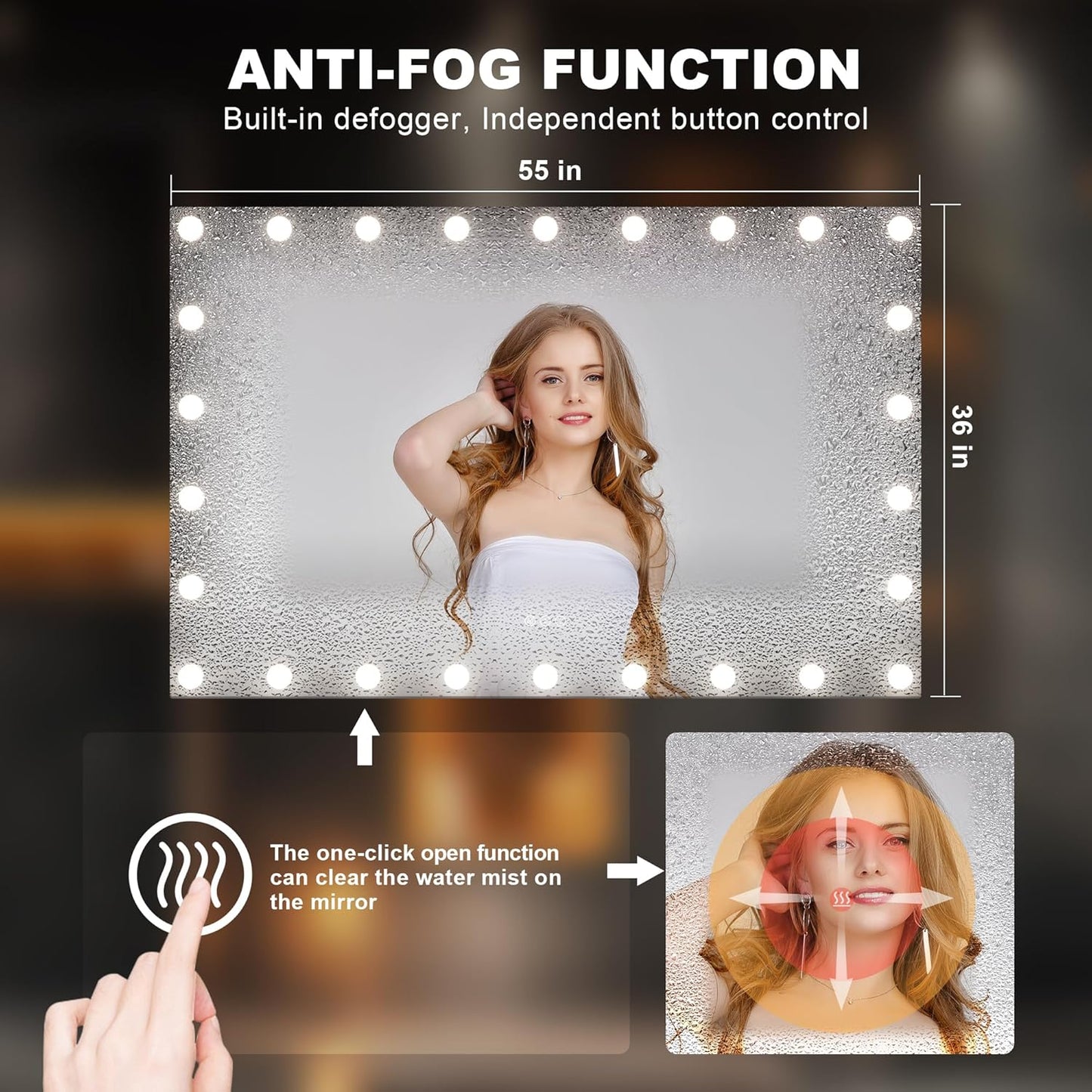 Hasipu LED Bathroom Mirror with Lights, 55" x 36" Hollywood Wall-Mounted Bathroom Mirror with 26 Dimmable Bulbs, 3 Colors Modes, Touch Control, Anti-Fog, Memory Function, Shatter-Proof, ETL Listed