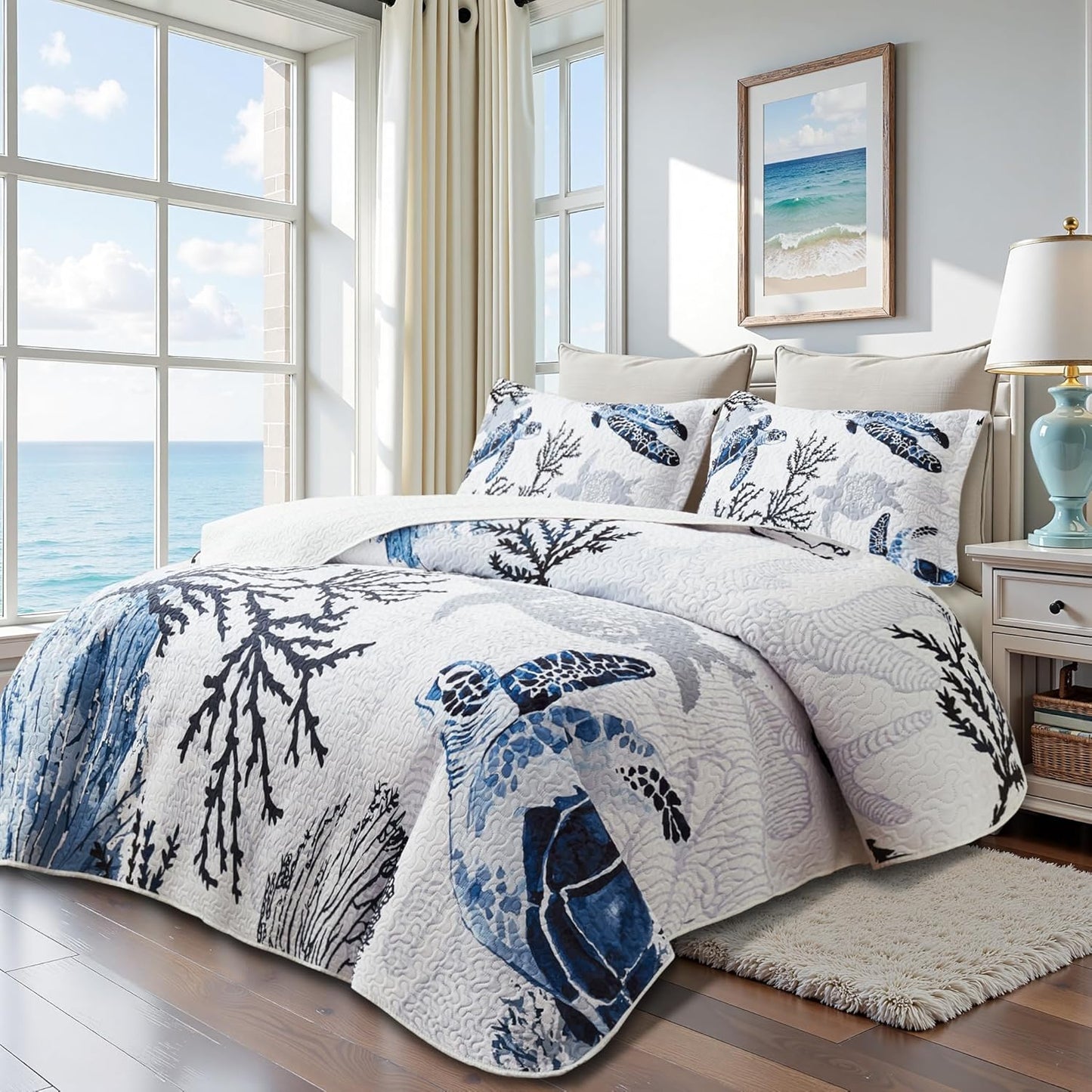 Coastal Bedding Twin Size Coastal Quilt with Shams, Nautical Beach Comforter Sets Ocean Bedspreads Blue Seaturtle Coverlet Summer Bedding, 68''x86''