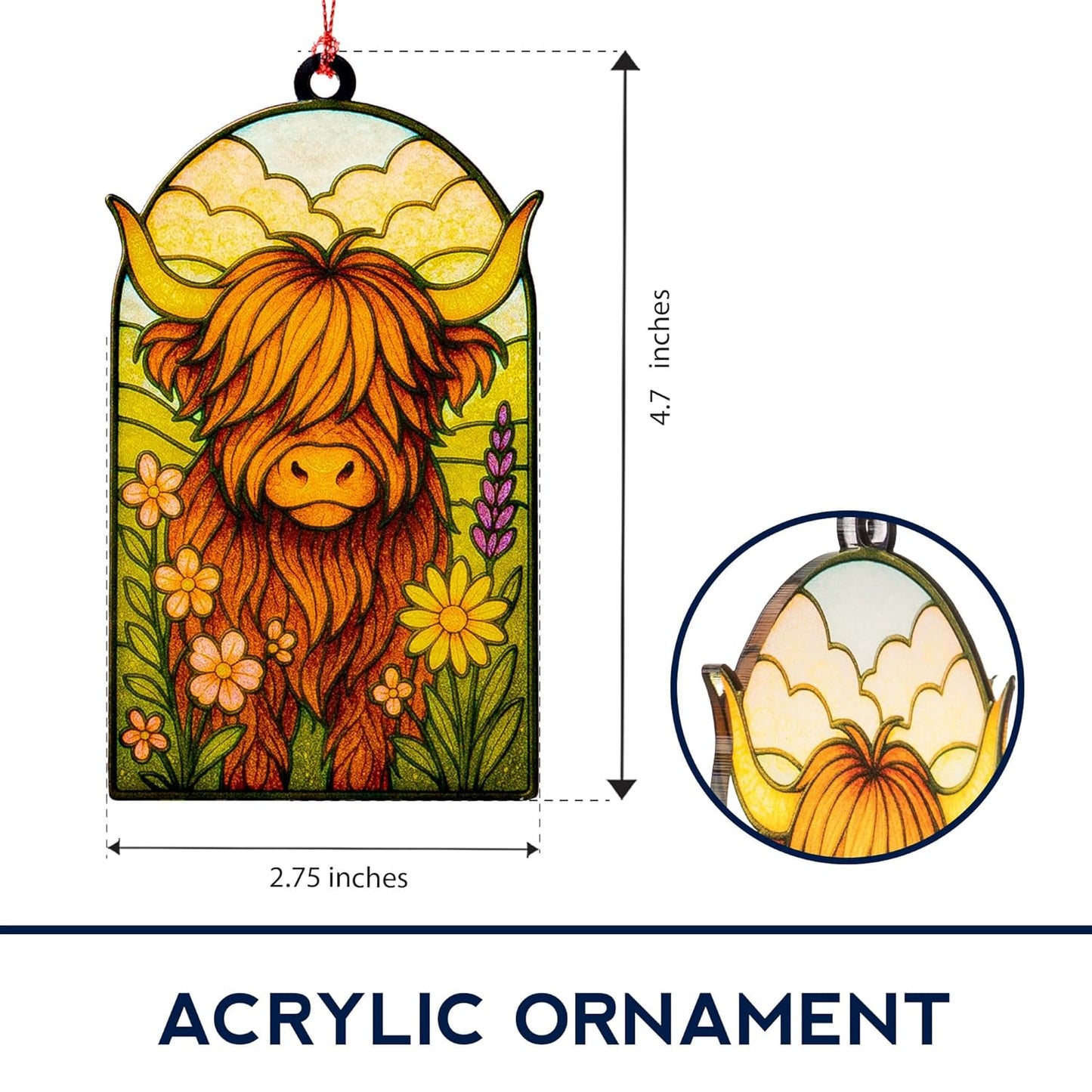 Highland cow ornaments - Highland cow gifts - Christmas ornament 2025 - Vintage christmas ornament - Farmhouse Xmas Orrnaments - Suncatcher Effect stained glass window hanging - car hanging