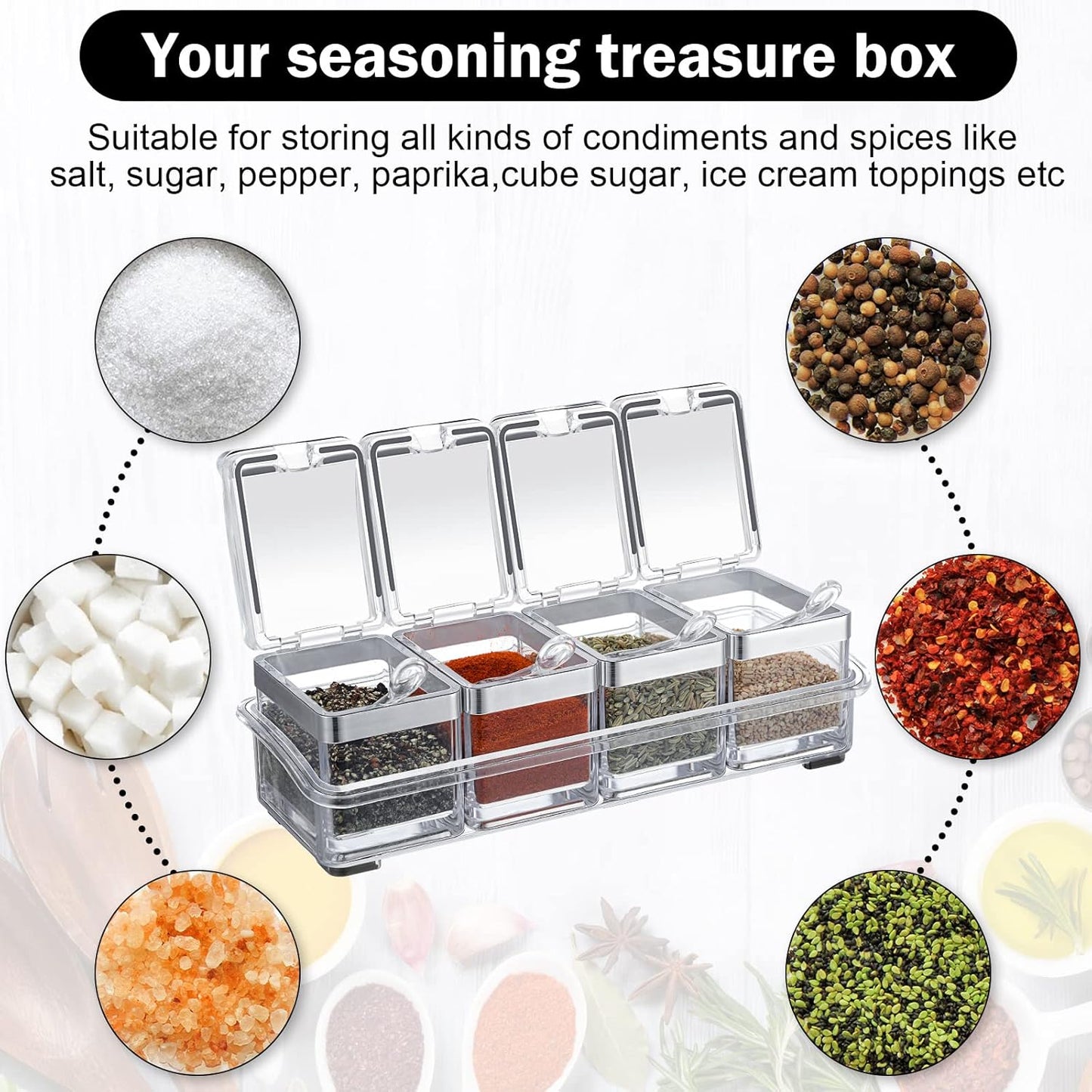 2 Set Acrylic Seasoning Organizer Box 8 Pcs Clear Seasoning Rack Spice Pots Condiments Containers with Lids and Spoons Storage Container Spice Jar for Salt Sugar Cruet Kitchen Cooking Organizer