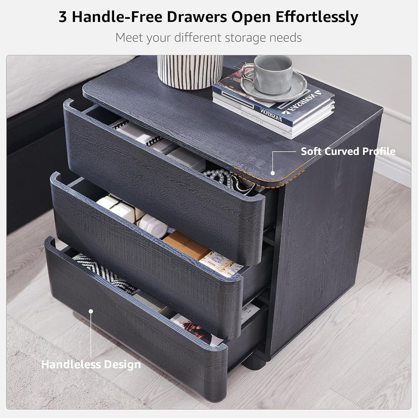 JXQTLINGMU 22" Modern Nightstand Set of 2 with Charging Station, Large Push-to-Open End Table, Wood Bedside Table, Curved Profile, Handleless 3 Drawer Night Stand for Bedroom, Living Room, Black