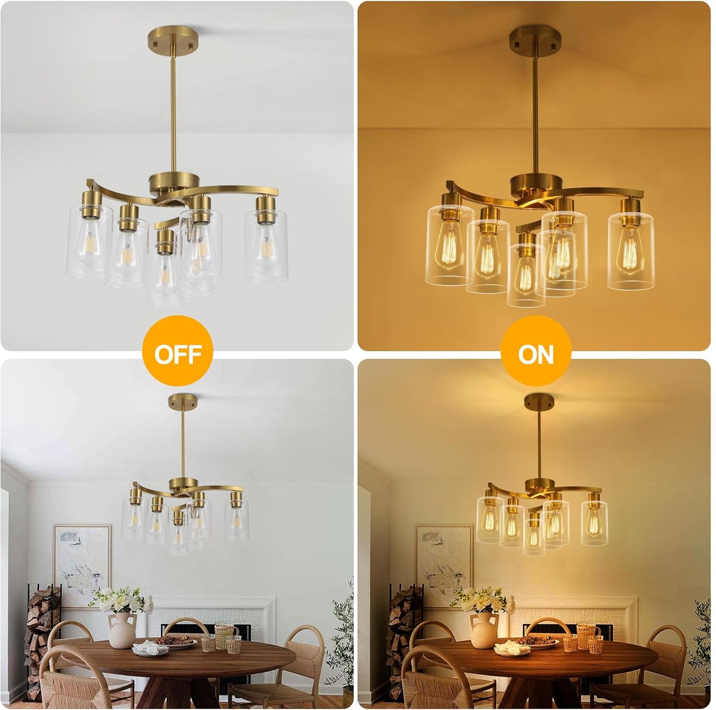 6-Light Gold Chandeliers for Dining Room, Modern Kitchen Island Light Fixtures Over Table, Metal Hanging Pendant Lighting for Living Room Stairwell Entryway Bedroom, Clear Glass Shade