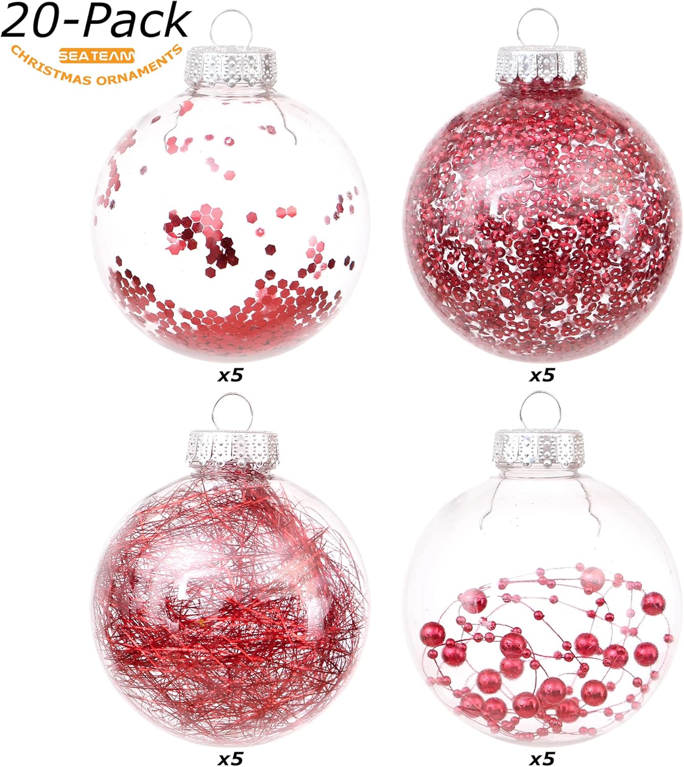 Sea Team Shatterproof Clear Plastic Christmas Ball Ornaments Decorative Xmas Balls Baubles Set with Stuffed Delicate Decorations (80mm/3.15 inch 20-Pack, Red)