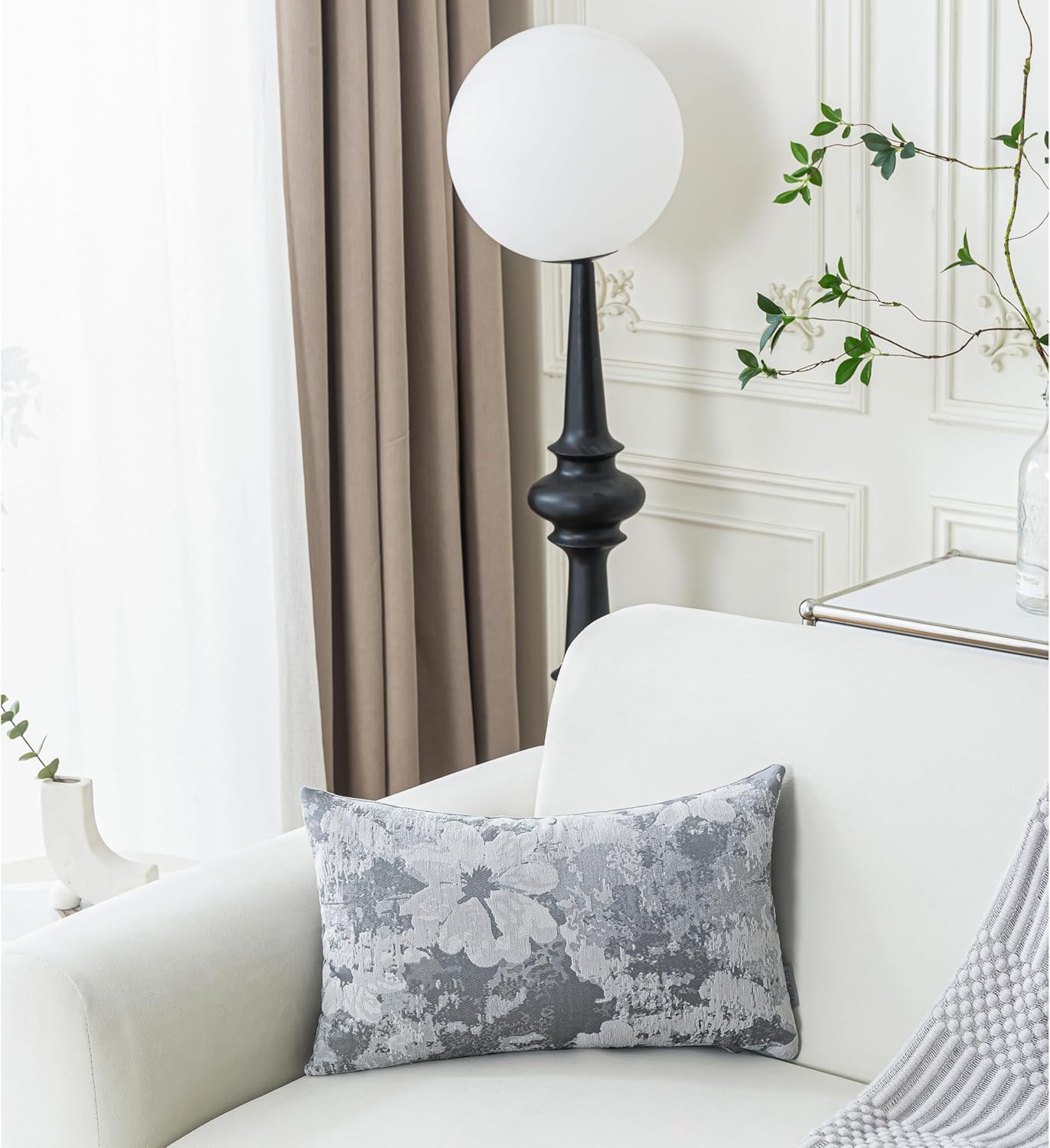 Jacquard Throw Pillow Covers 12x20 Inch Set of 2 - Vintage Floral Boho Pillow Cases with Botanical Pattern | Farmhouse Decor for Couch Living Room | Soft Textured Neutral Trio Slate Gray 12" x 20"