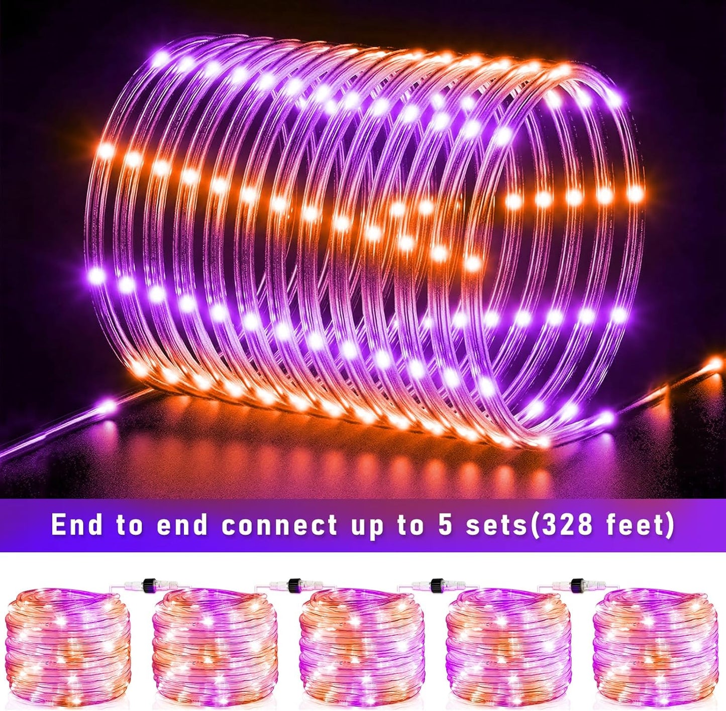 Purple Orange Halloween Lights, 66FT 200 LED Rope Lights for Outside Waterproof with 8 Modes, Connectable Tube String Lights for Indoor, Garden, Backyard, Patio, Deck, Pool, Tree Decorations