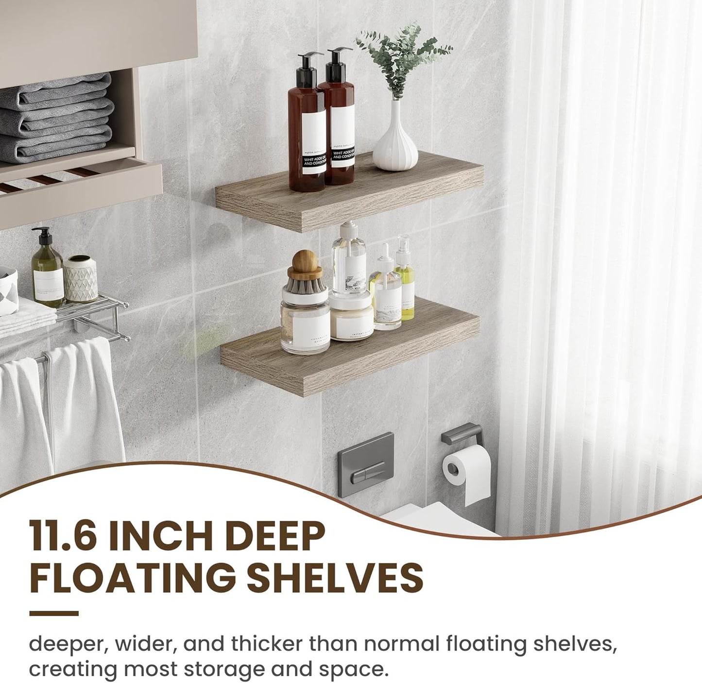 24 Inch Floating Shelves, 11.6 Inch Deep Floating Shelves for Wall, Floating Shelf with Invisible Brackets, Deep Shelves for Bathroom, Bedroom, Living Room, 2 Pack, Vintage Gray Oak